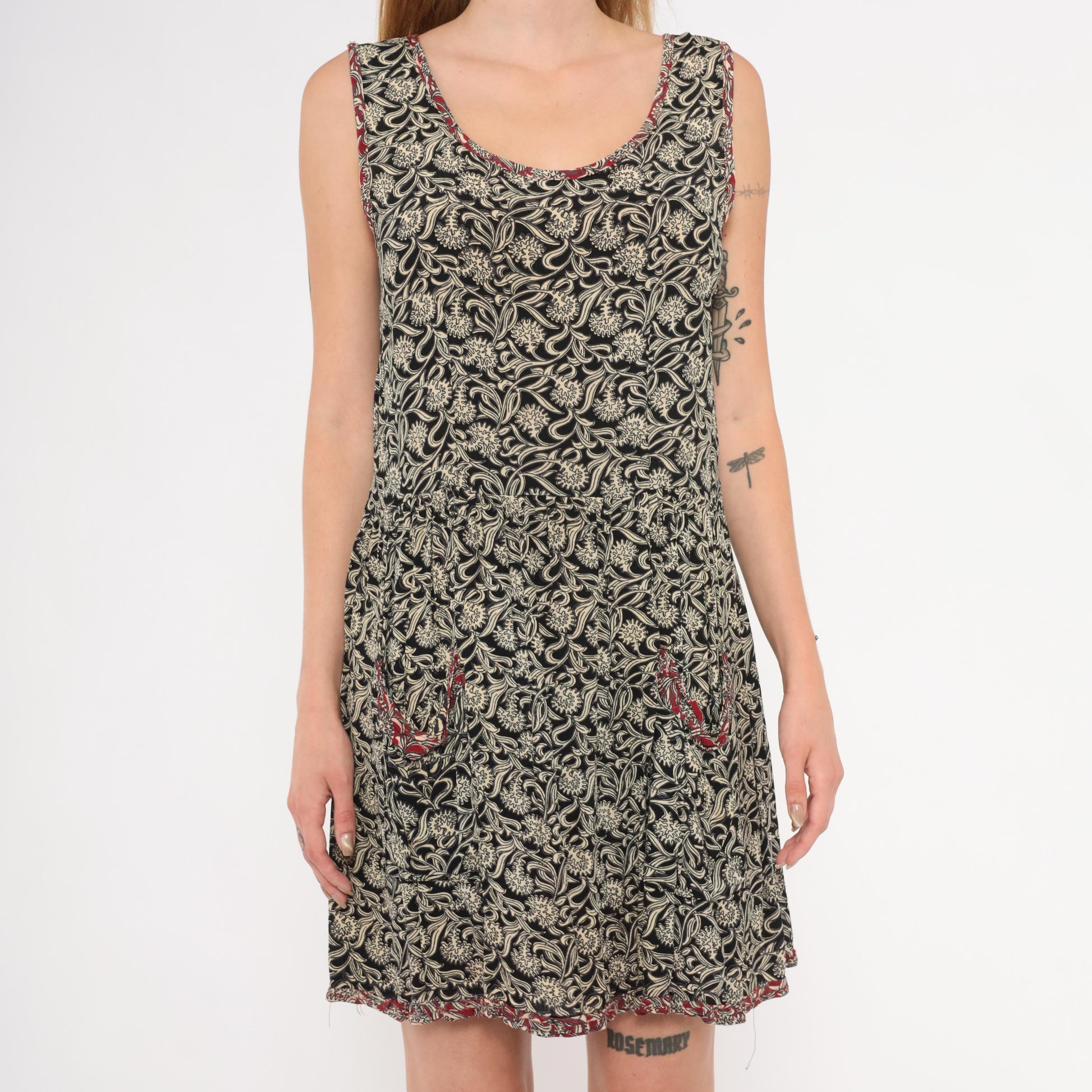 90s Black Floral Tank Dress Mini Red Trim Patch Pockets Small S