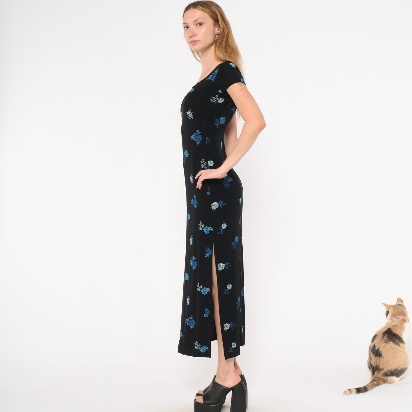 90s Jalate Black Floral Maxi Dress Blue Rose Print Side Slit Medium