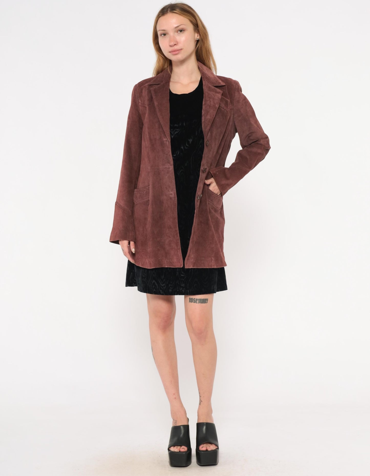 2000s Burgundy Leather Blazer Notched Lapel Long Line Small S