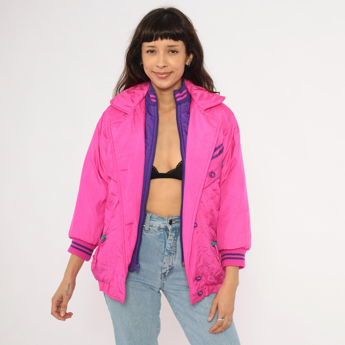 90s Survival Club Hot Pink Nylon Windbreaker Double Breasted Purple Lined XS