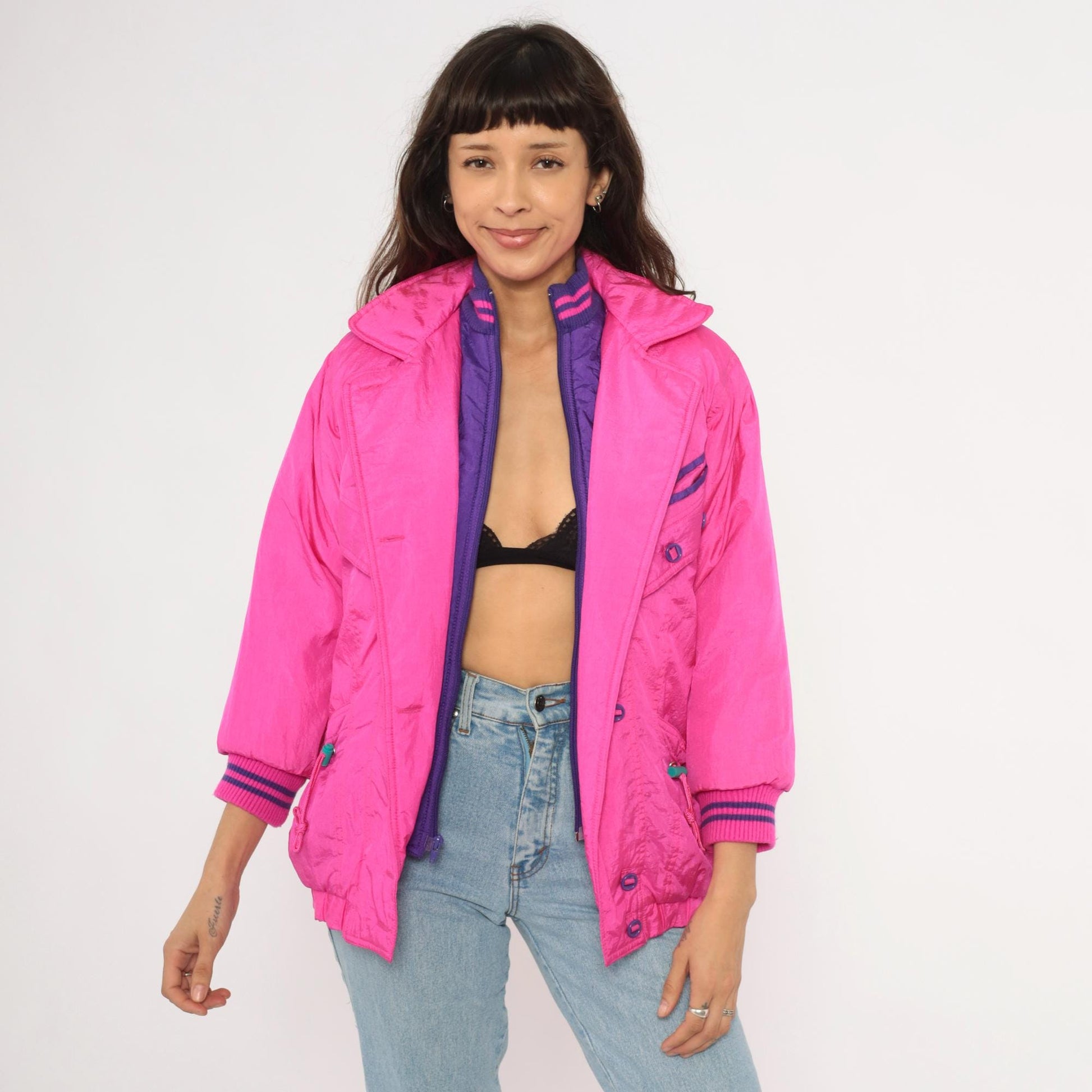90s Survival Club Hot Pink Nylon Windbreaker Double Breasted Purple Lined XS