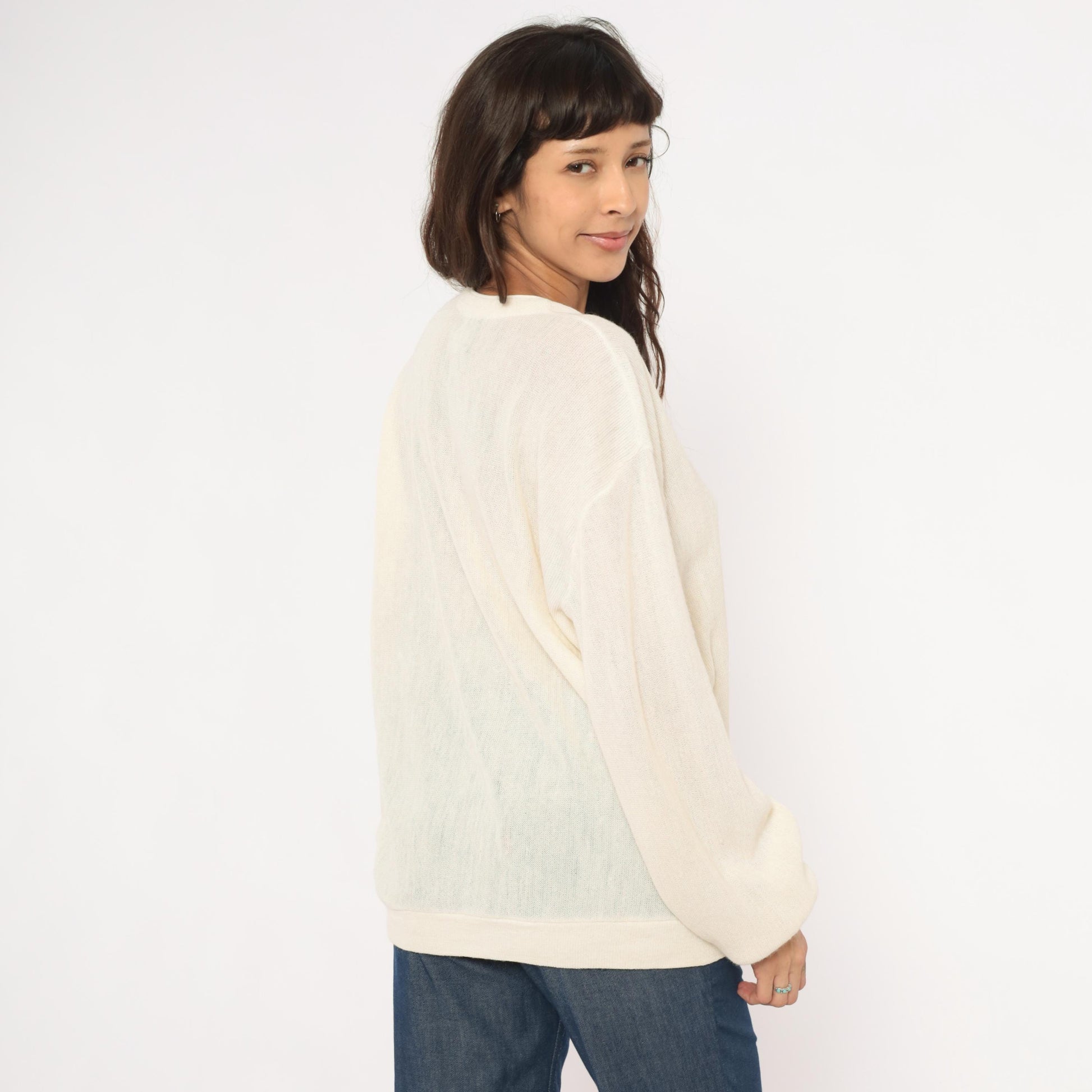 80s Jantzen Ivory Sheer Knit Cardigan V-Neck Button-Up Cream Large L