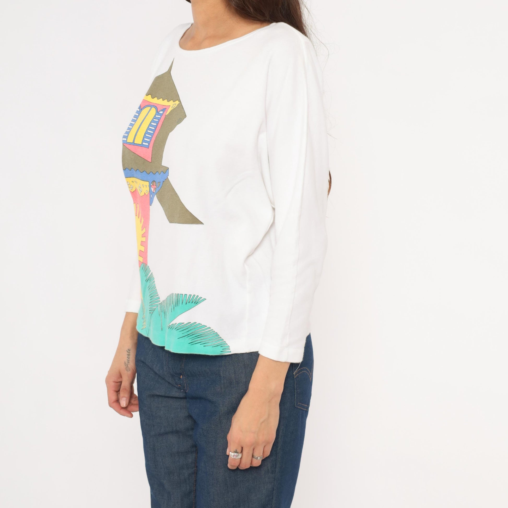 90s Tony Lambert Tropical House Cotton Graphic Tee Boat Neck Medium M
