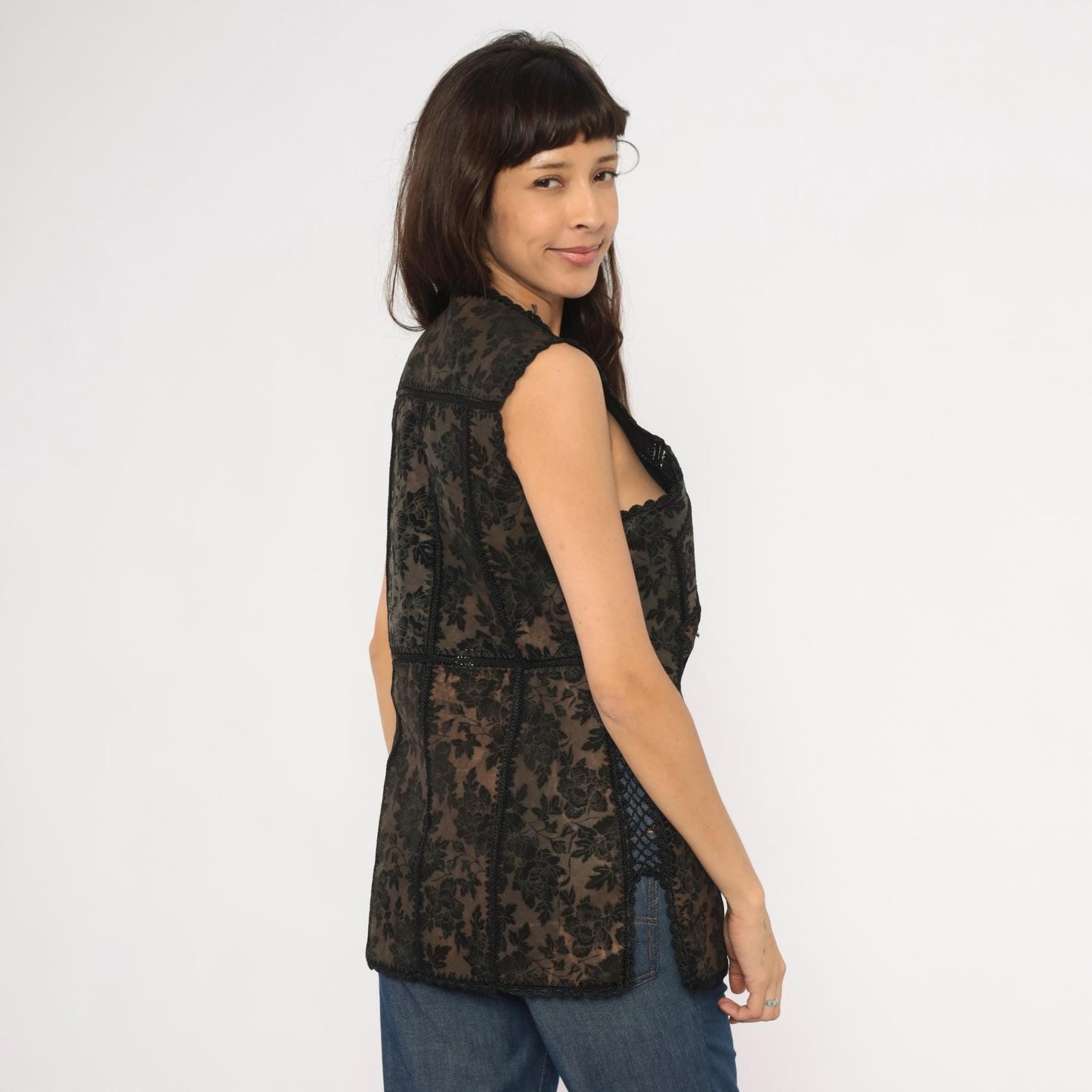 90s Reversible Black Suede Lace Vest Floral Crochet Trim Medium M