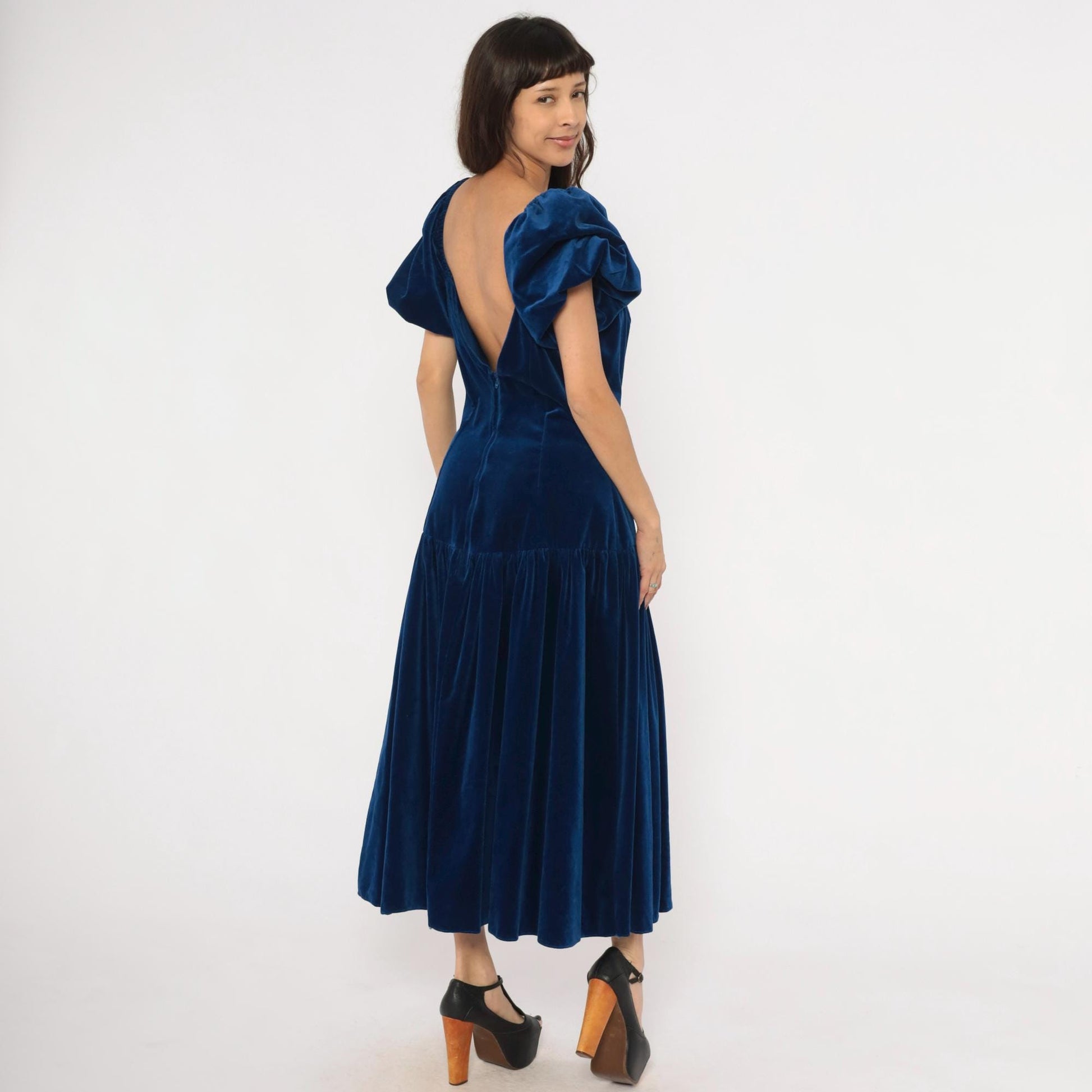 80s Bianchi Navy Velvet Maxi Gown Puff Sleeve Drop Waist Rosette Large L