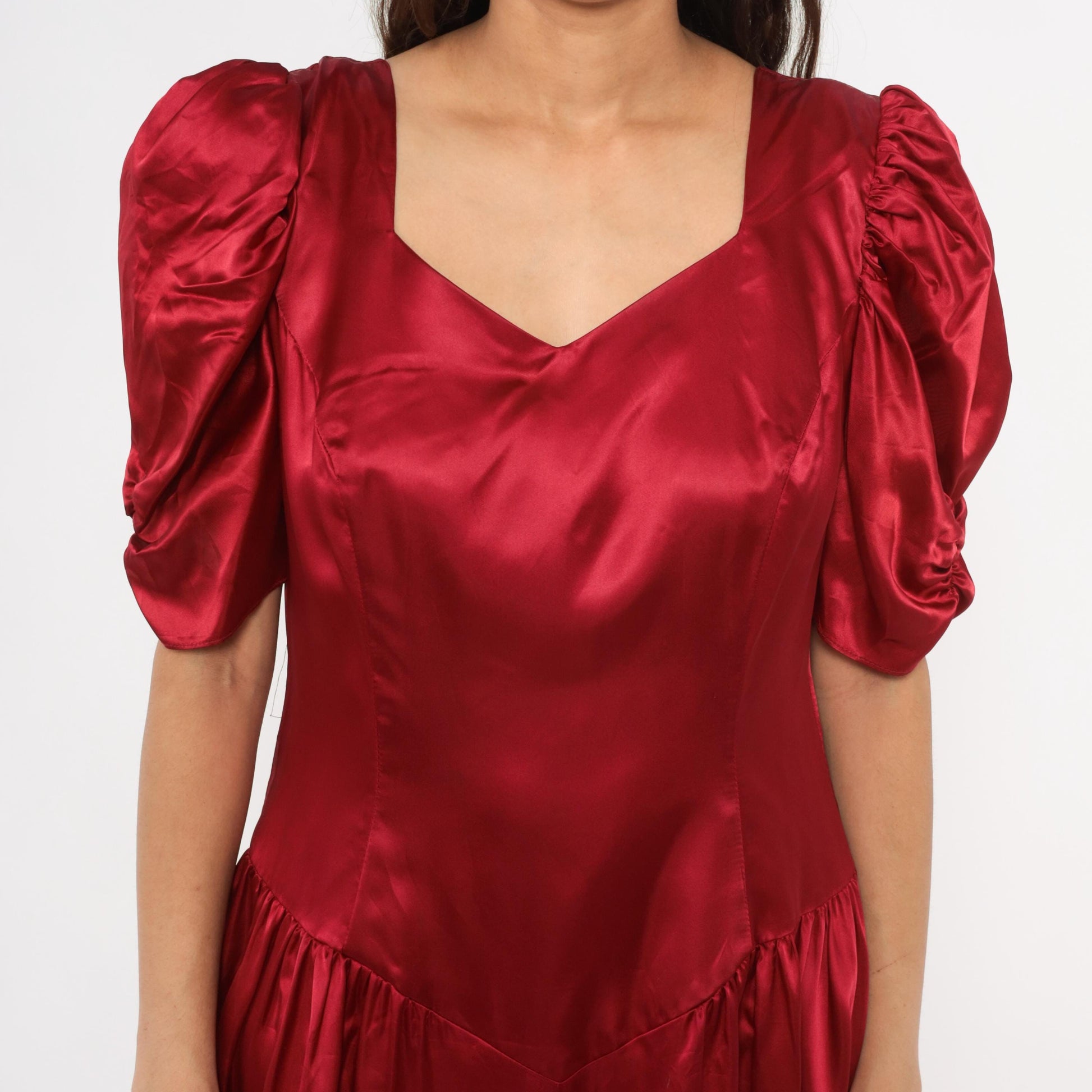 80s Burgundy Satin Midi Dress Puff Sleeve Sweetheart Neckline Bow Back Large L