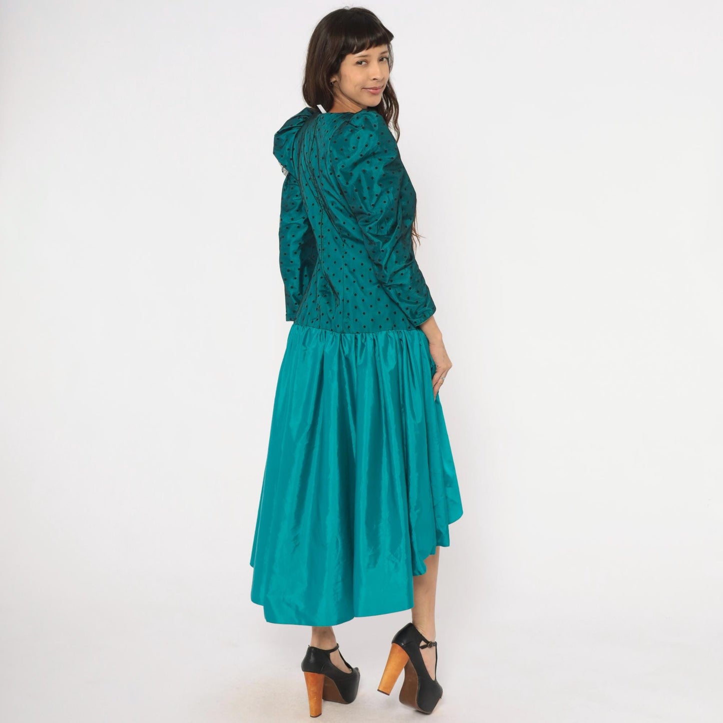 80s Milt Russell Original Teal Polka Dot Puff Sleeve Gown High-Low Medium M