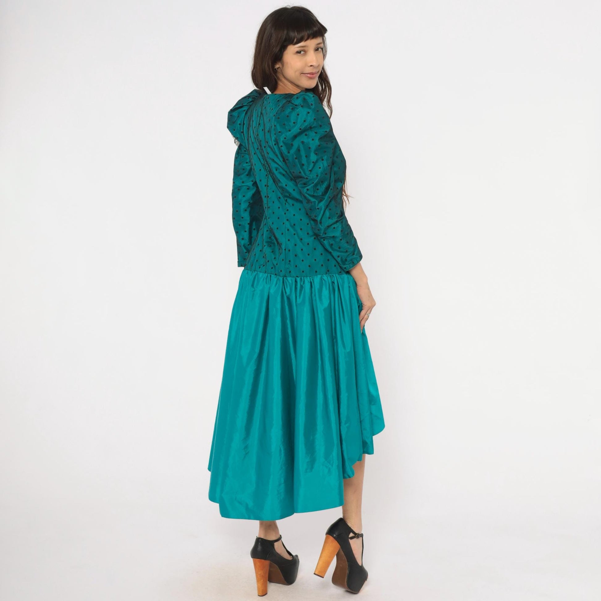 80s Milt Russell Original Teal Polka Dot Puff Sleeve Gown High-Low Medium M