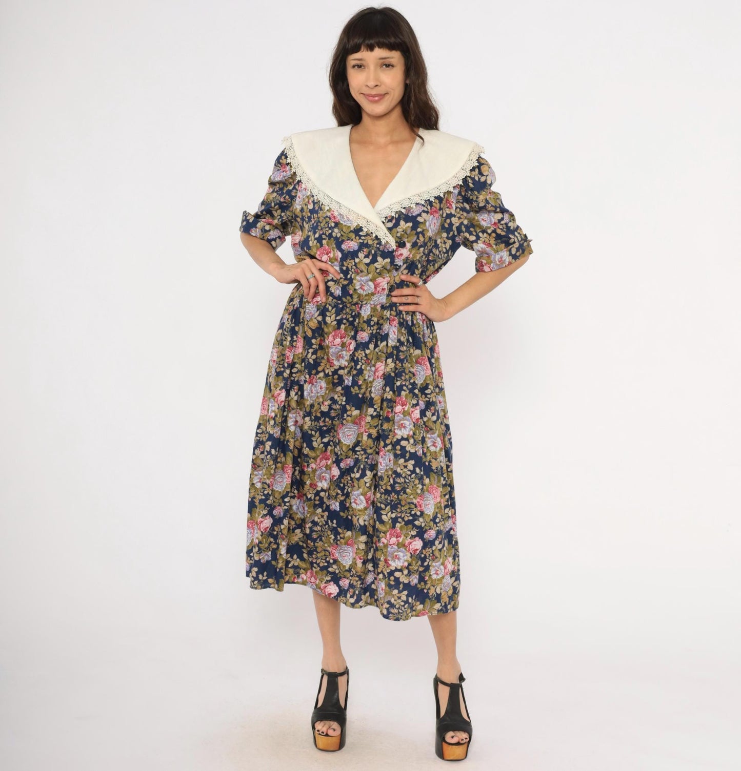 80s Tina Barri Floral Midi Dress Navy Rose Lace Collar Short Sleeve Extra Large