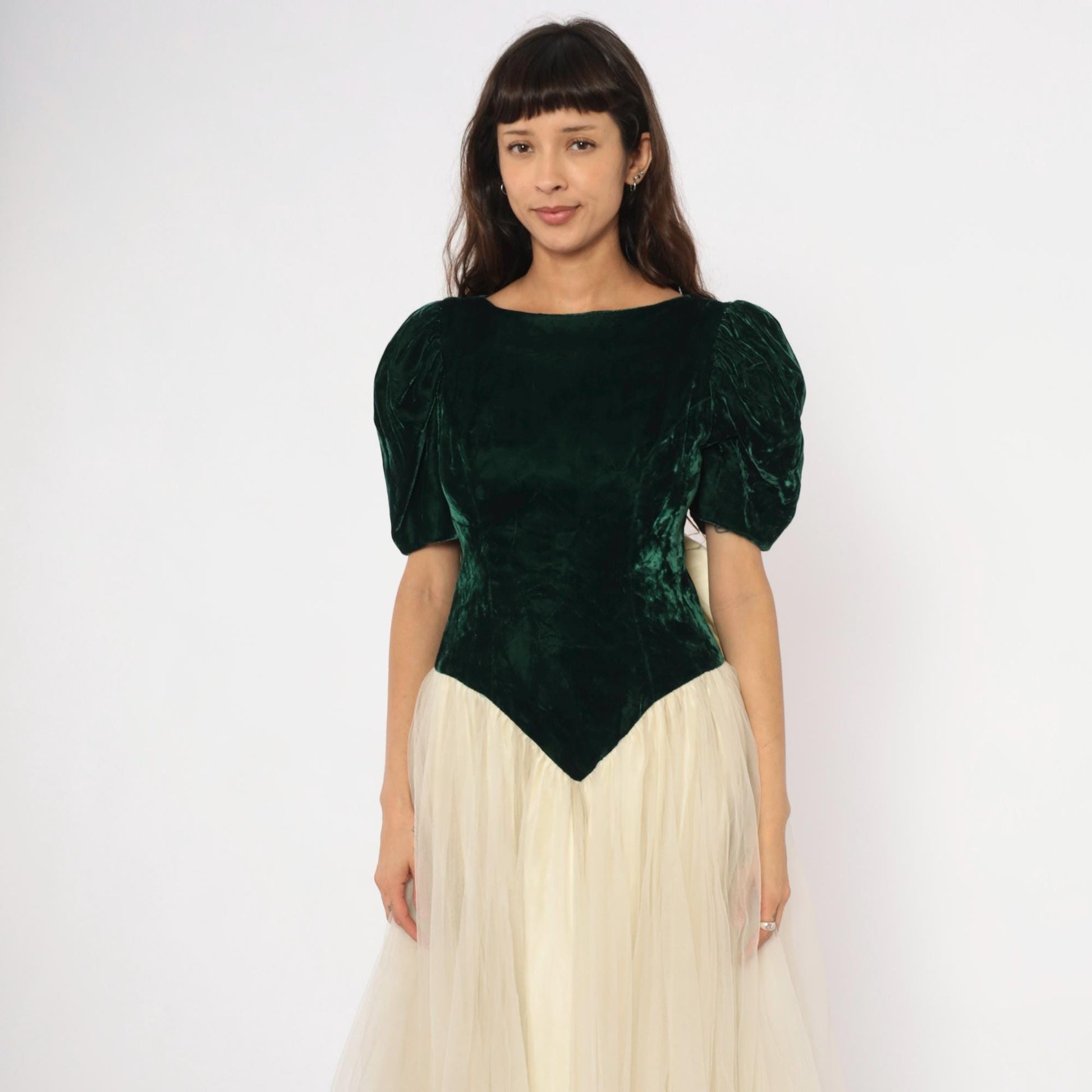 80s Emerald Velvet Puff Sleeve Gown Cream Tulle Skirt Basque Waist Medium M