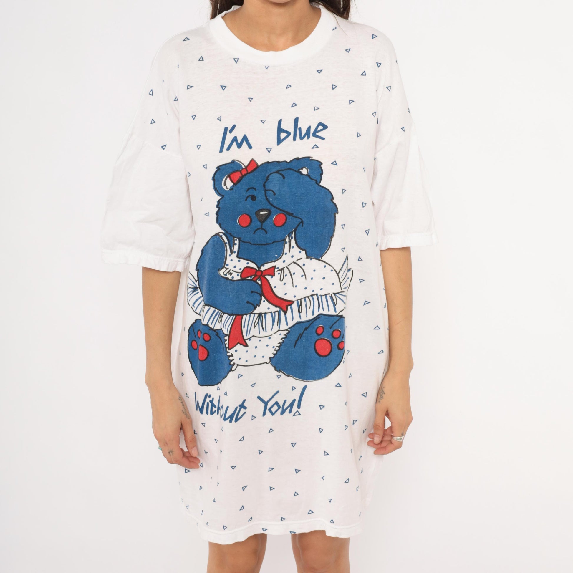 90s Tracys Place Blue Bear Nightshirt White Cotton Graphic Sleep Tee One Size
