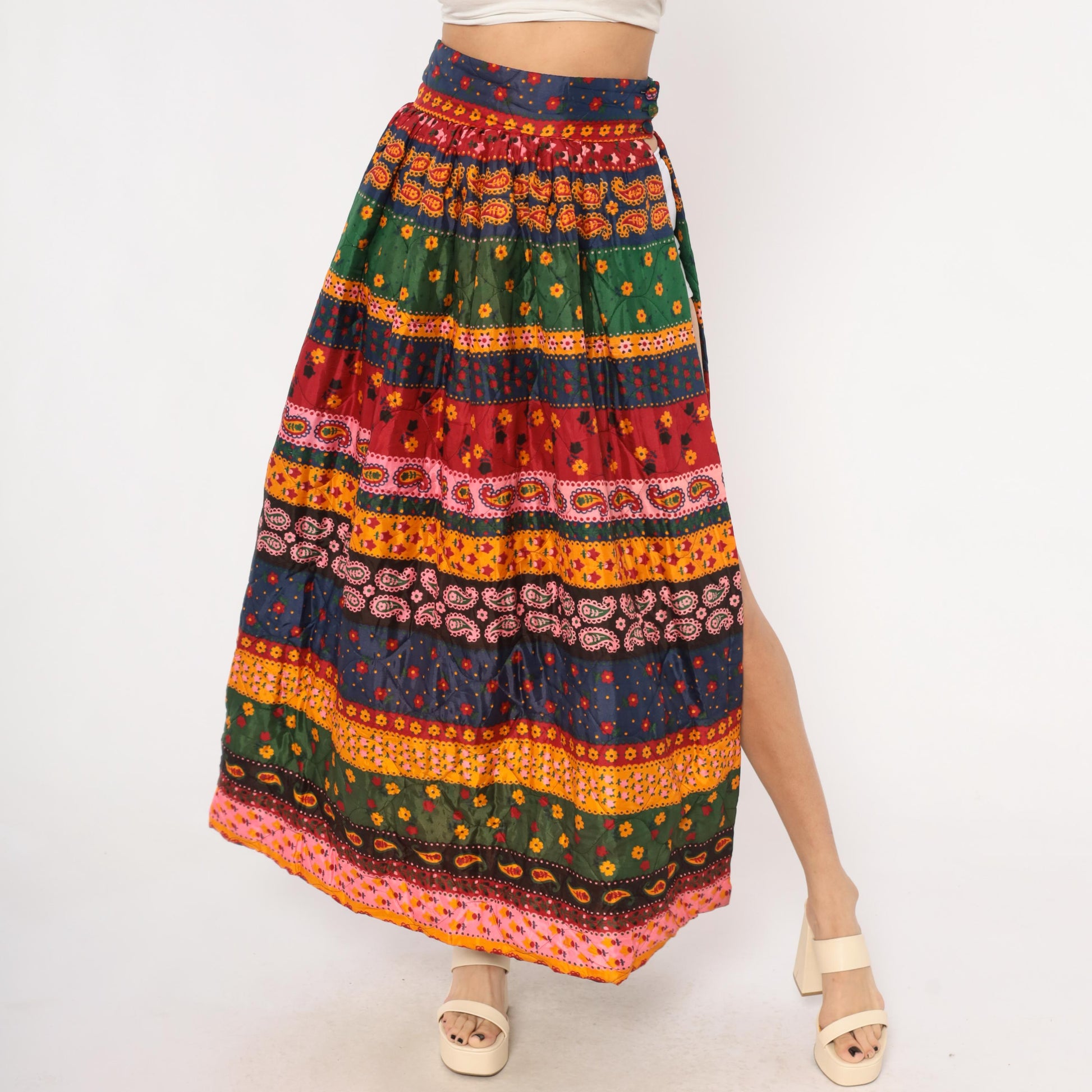 70s Best & Co. Paisley Floral Maxi Skirt Button Front High Waist Small