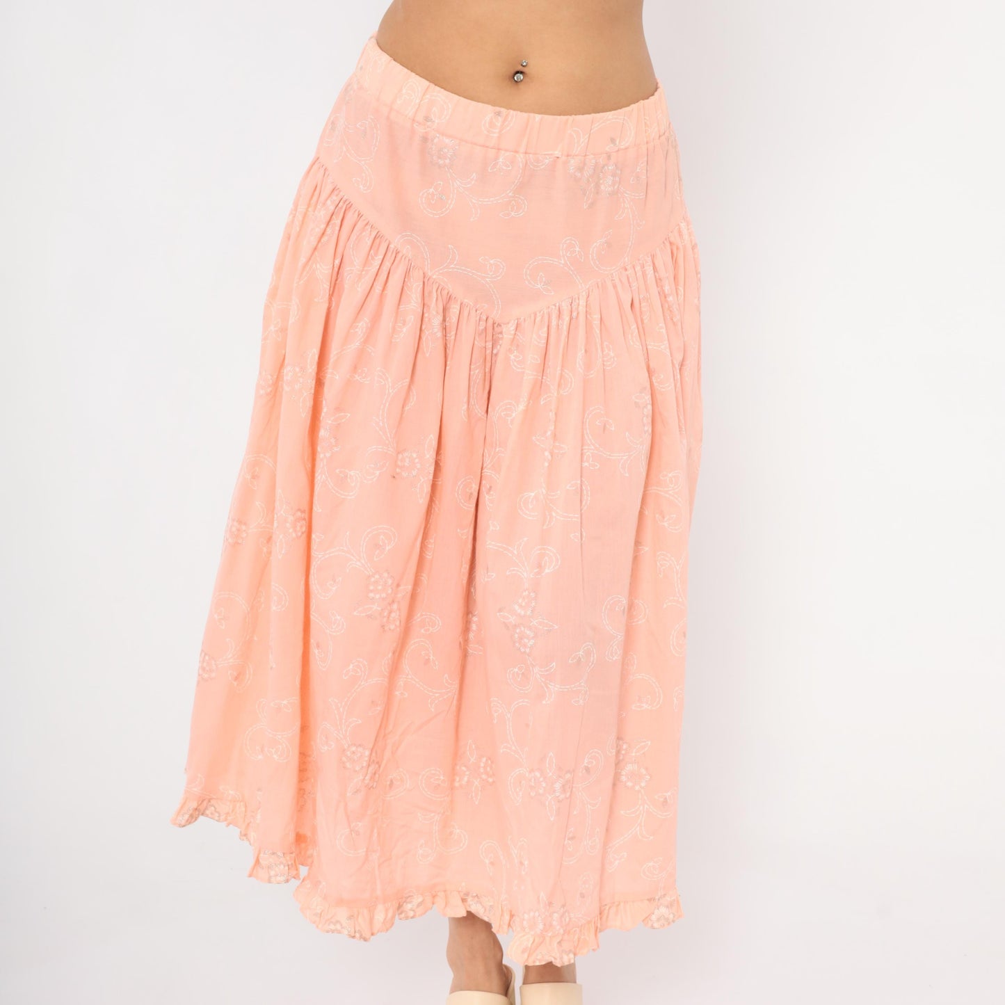 90s California Connection Peach Floral Midi Skirt Ruffled Hem Medium M