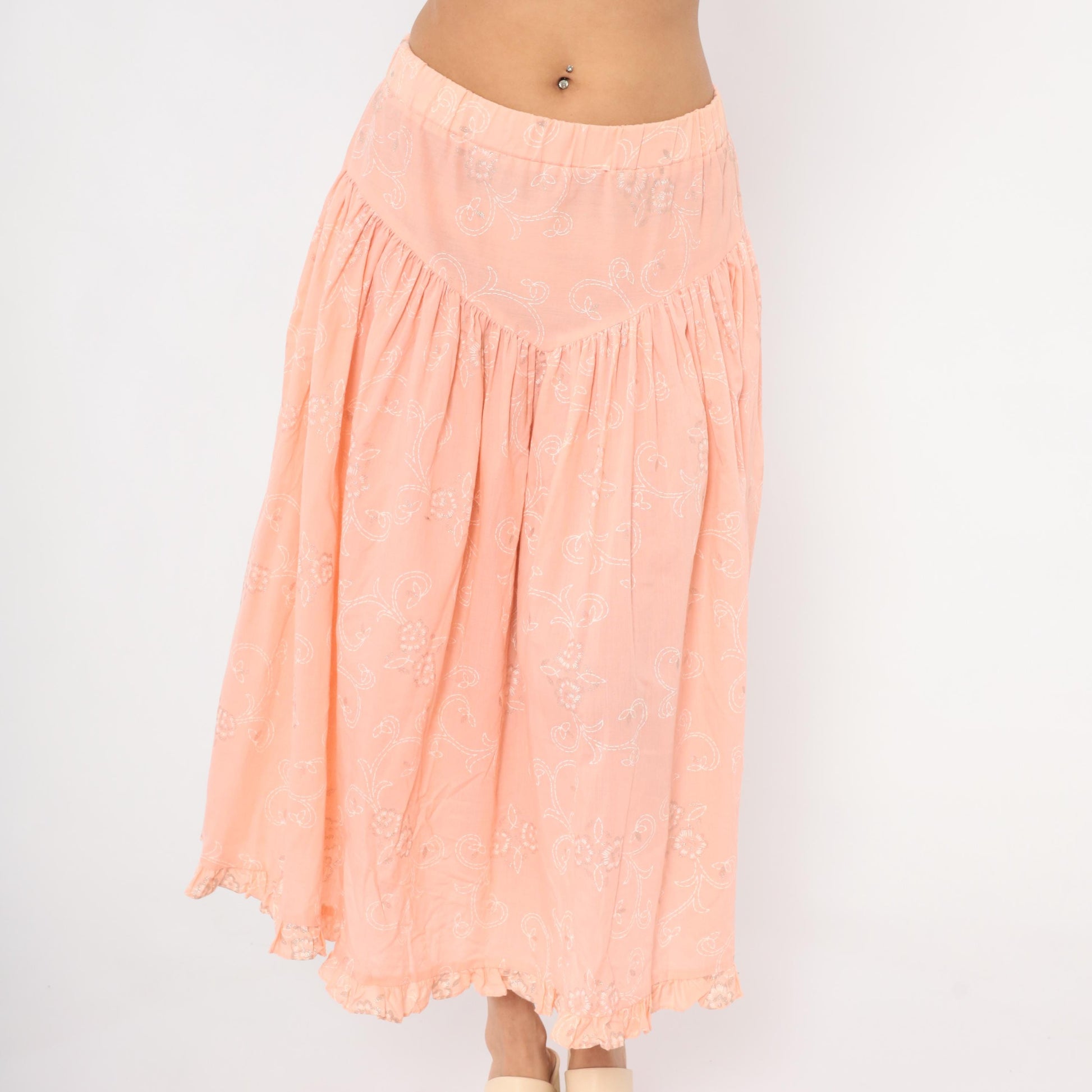 90s California Connection Peach Floral Midi Skirt Ruffled Hem Medium M
