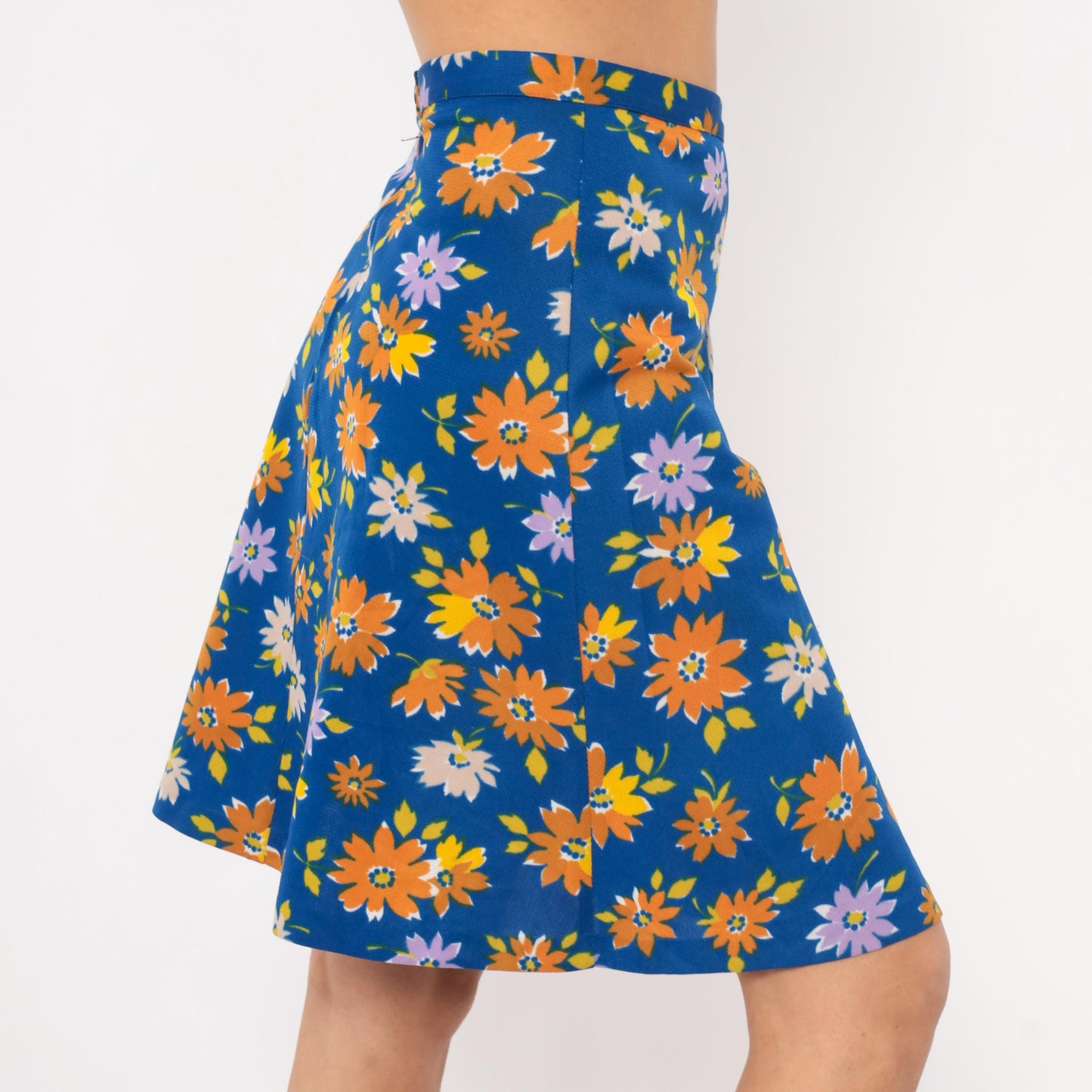 70s Cobalt Blue Daisy Print A-Line Mini Skirt Floral Small S
