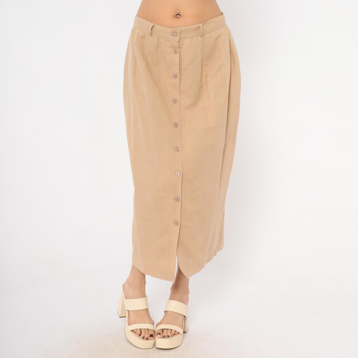 80s Carry Back Tan Linen Midi Skirt Button Front Medium M