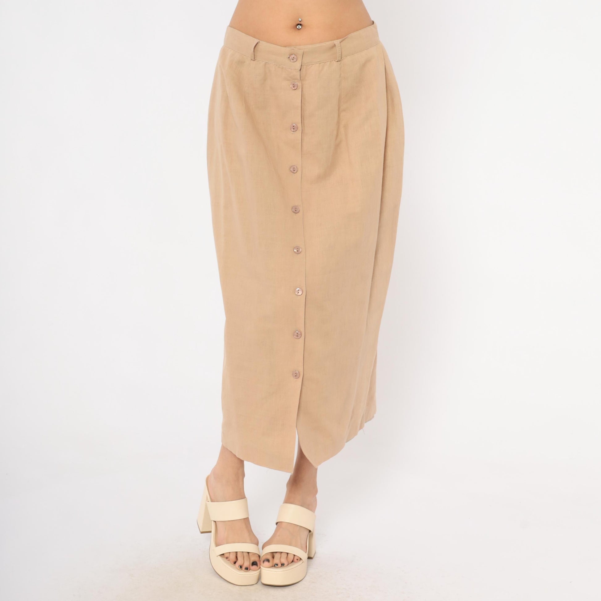 80s Carry Back Tan Linen Midi Skirt Button Front Medium M
