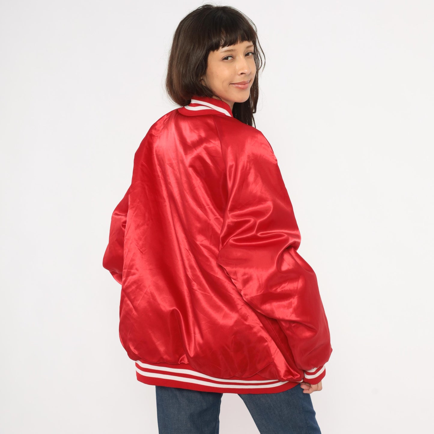 80s Red Satin Bomber Jacket Eagle Embroidered Snap Button Quilted Lining Plus Size 3XL