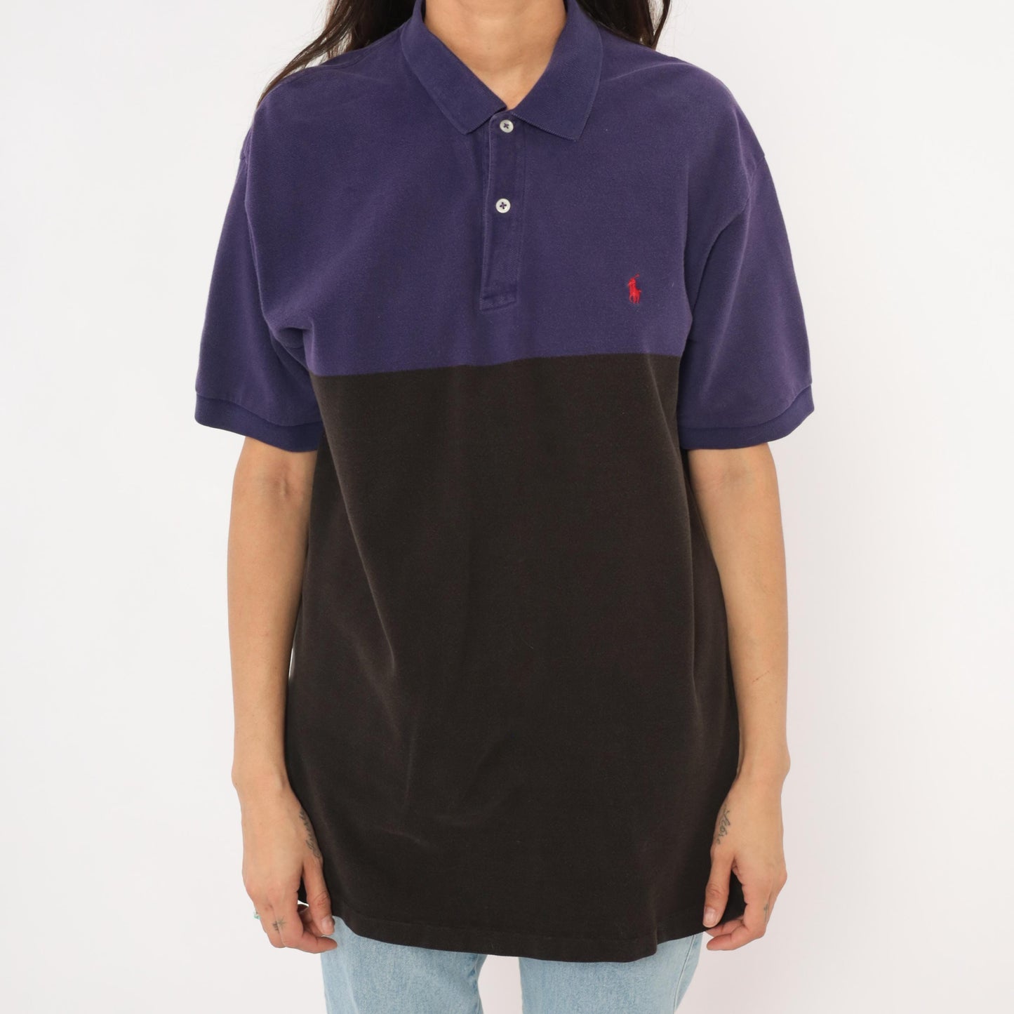 90s Polo by Ralph Lauren Color Block Pique Polo Purple Navy Black Cotton Large L