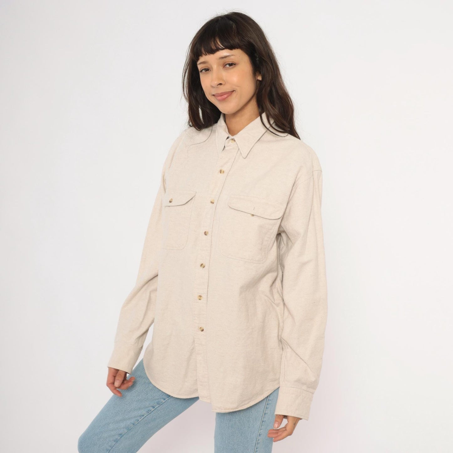 90s Appalachian Trail Flannel Button-Up Shirt Cream Cotton Unisex Extra Large XL