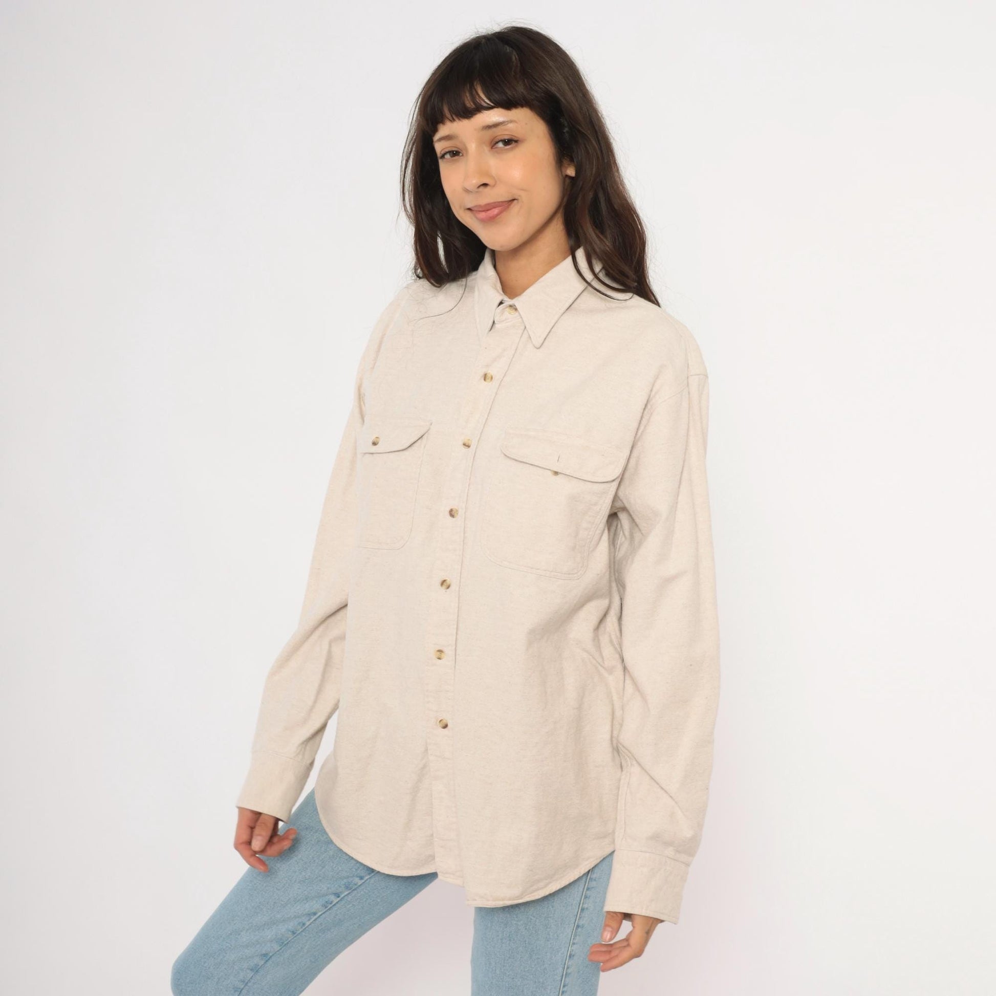 90s Appalachian Trail Flannel Button-Up Shirt Cream Cotton Unisex Extra Large XL