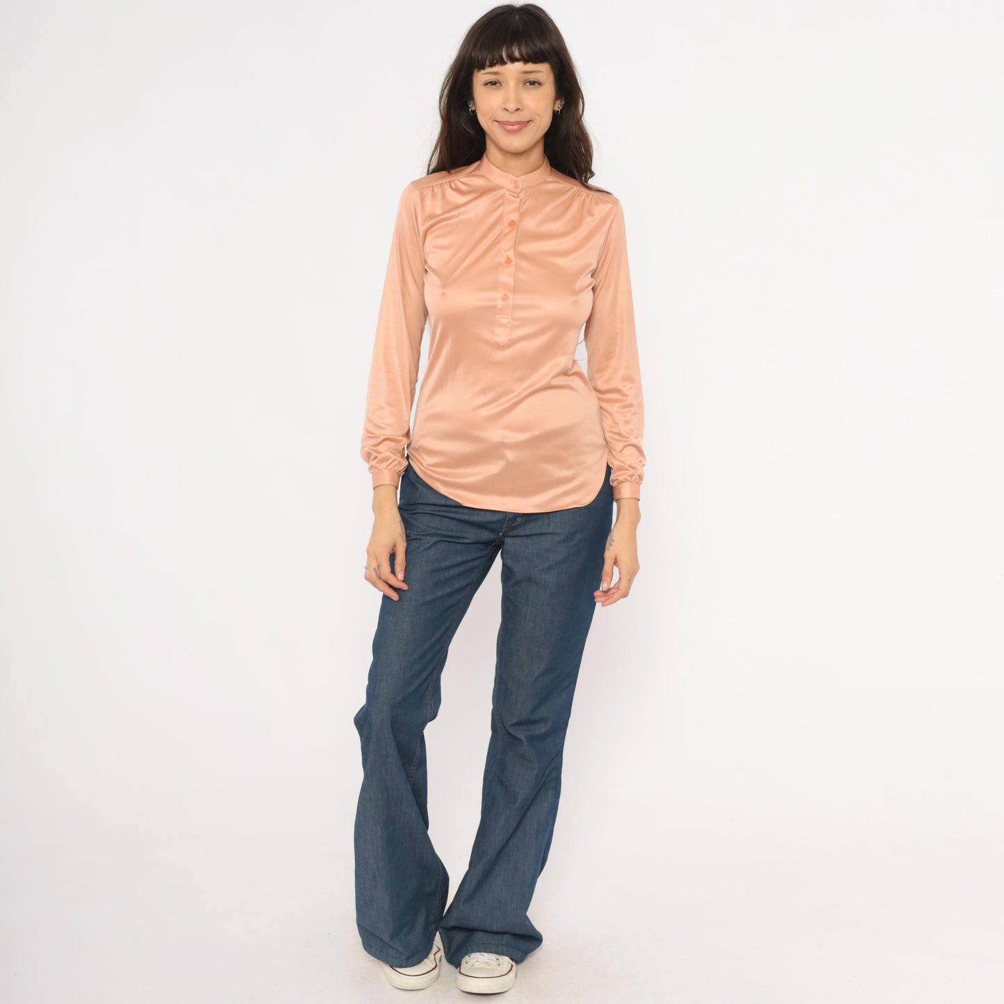 70s Spices Blush Pink Satin Blouse Mandarin Collar Long Sleeve Medium M
