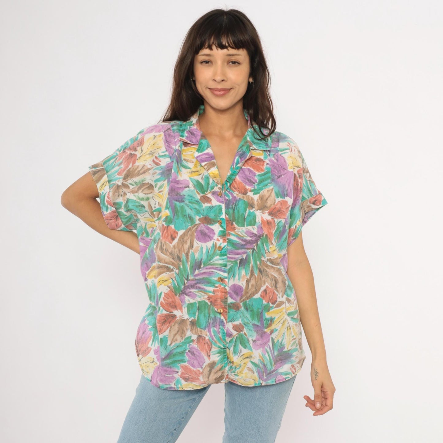 90s Cabrais Tropical Leaf Print Camp Collar Shirt Teal Purple Coral Plus Size XXL