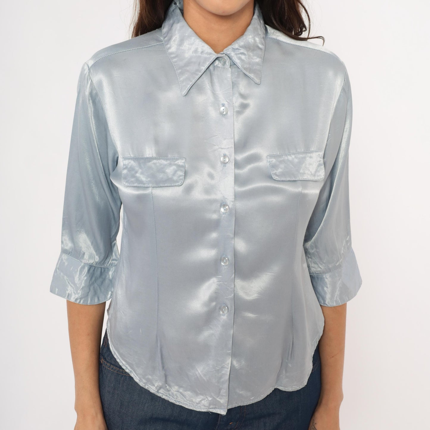 90s Younique Silver Satin Button Blouse Three Quarter Sleeve Small