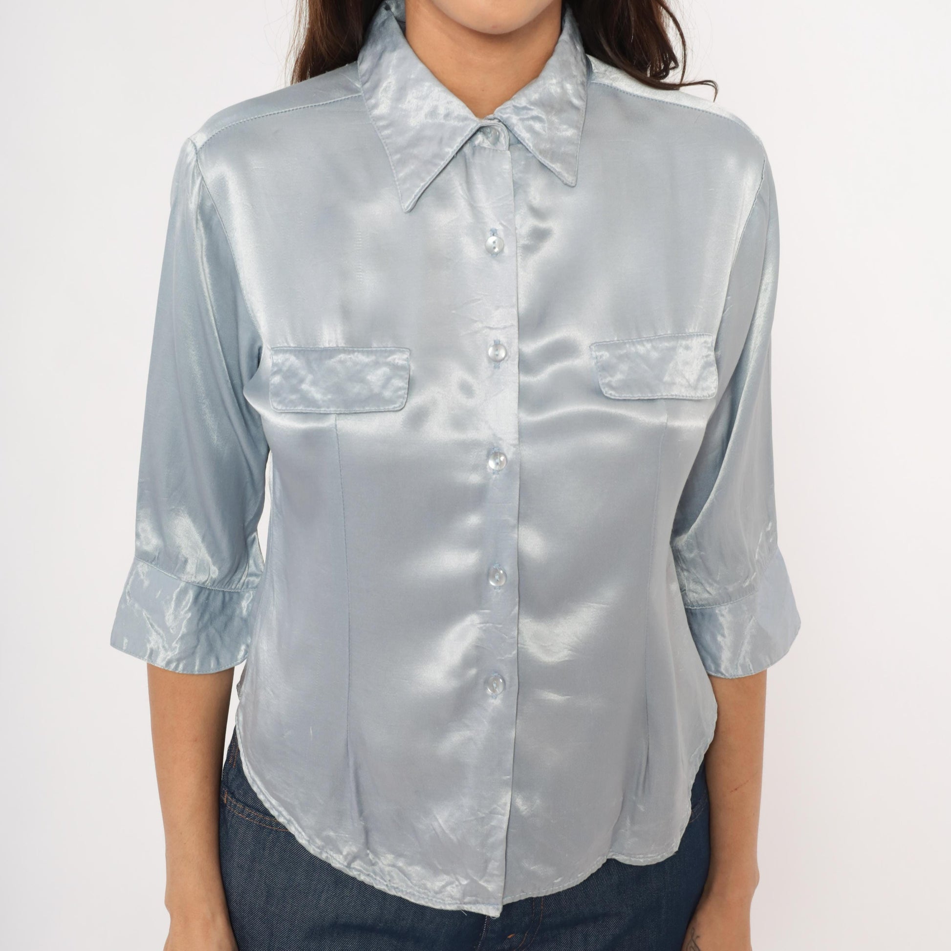 90s Younique Silver Satin Button Blouse Three Quarter Sleeve Small