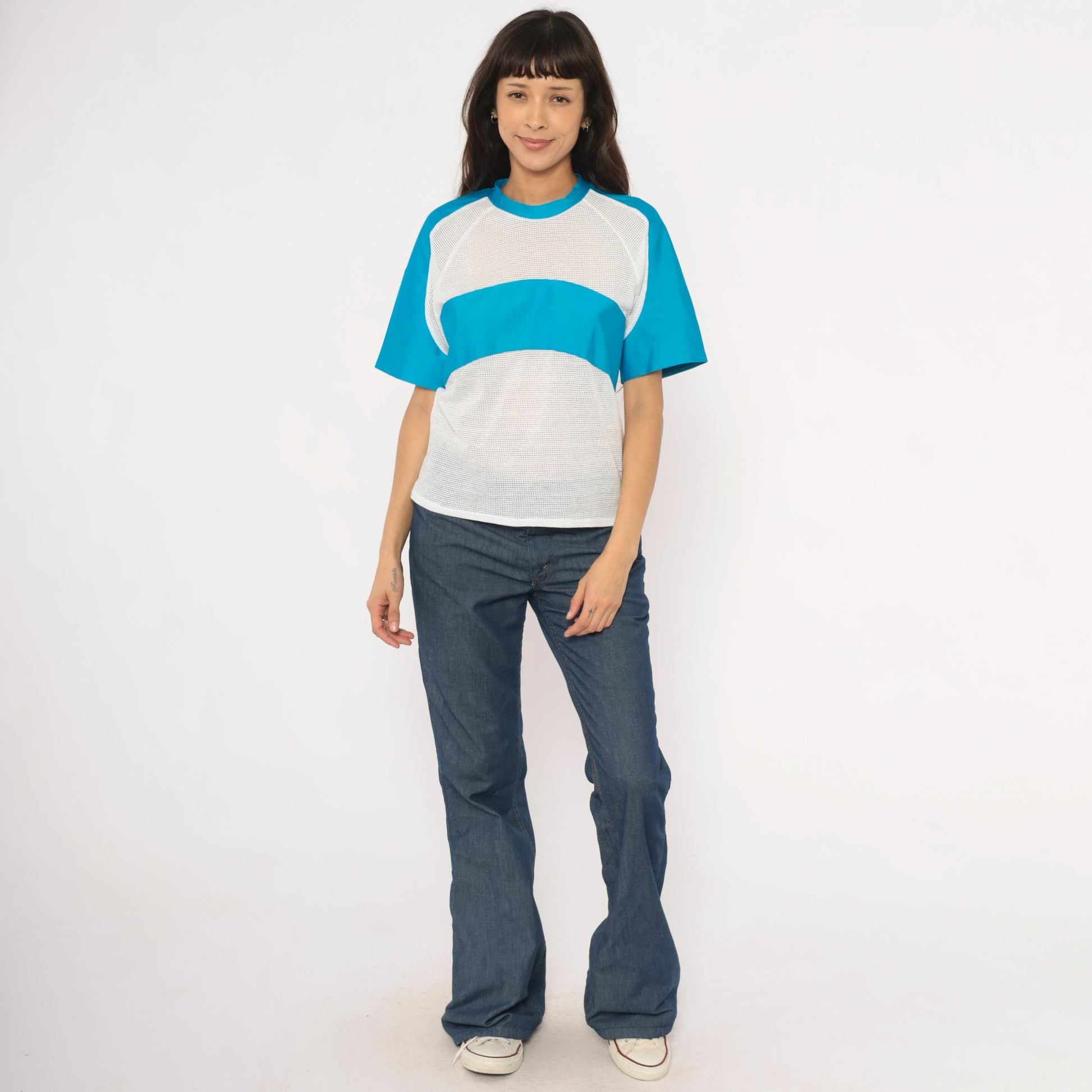 90s Kanu Mesh Panel Raglan Tee Blue White Colorblock Cotton Medium M