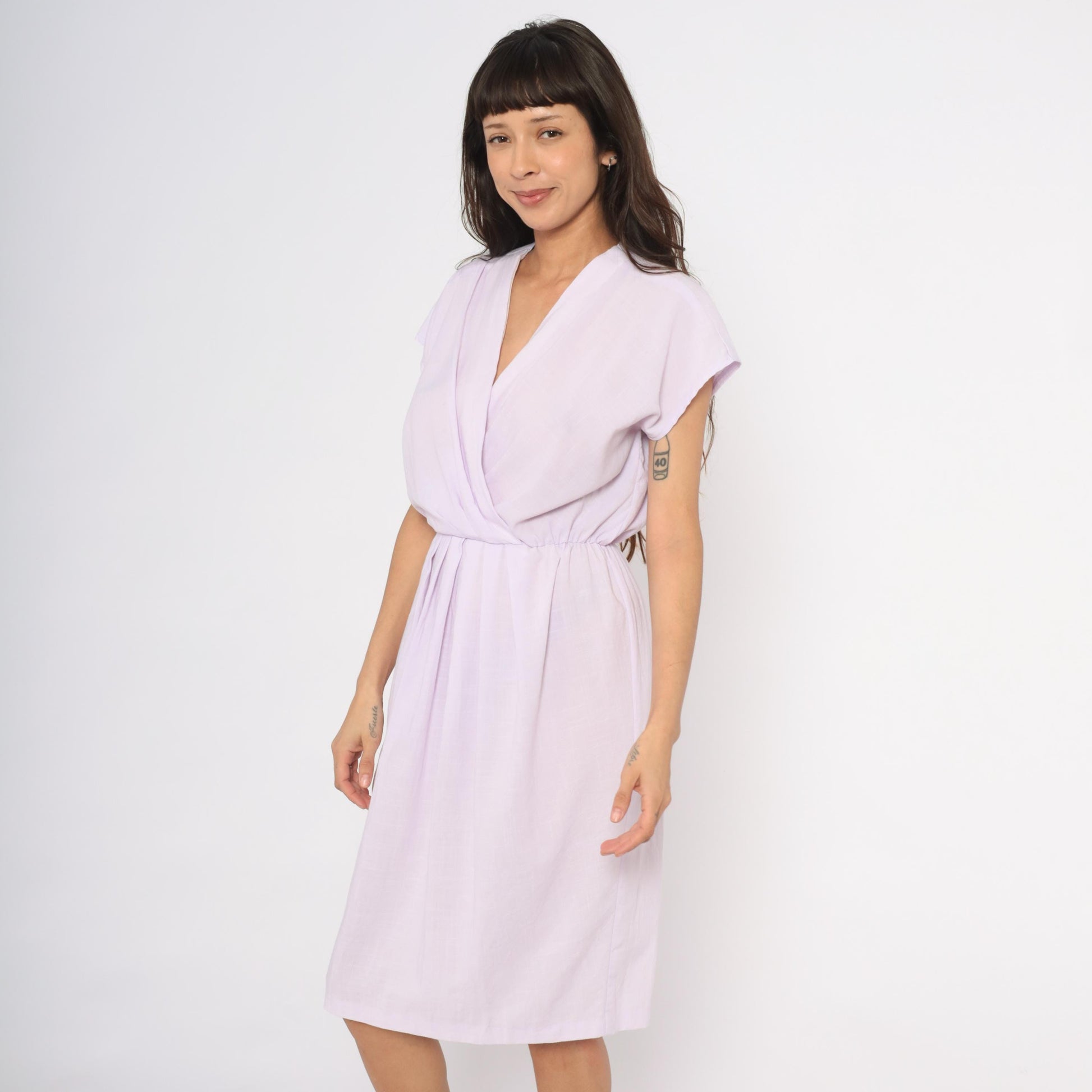 90s Carriage Court Lilac Wrap Dress Cap Sleeve Knee-Length Medium M