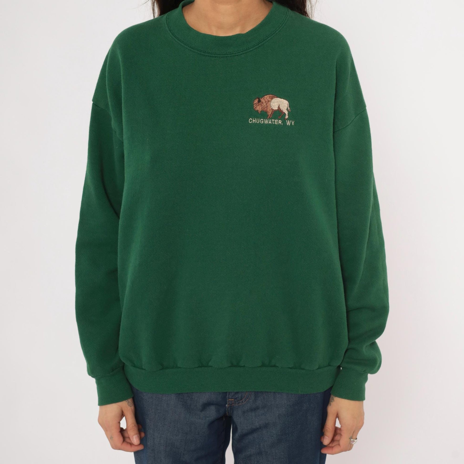 90s Lee Bison Embroidered Sweatshirt Forest Green Chugwater Wyoming Large