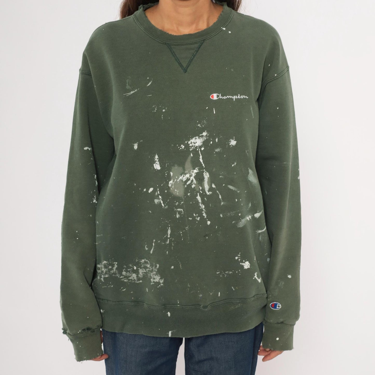 Champion Olive Green Crewneck Sweatshirt Paint Splatter 2000s Extra Large XL