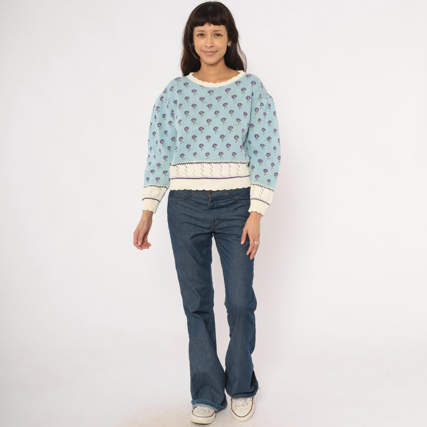 80s Light Blue Floral Knit Sweater Puff Sleeve Pointelle Trim Cotton Medium