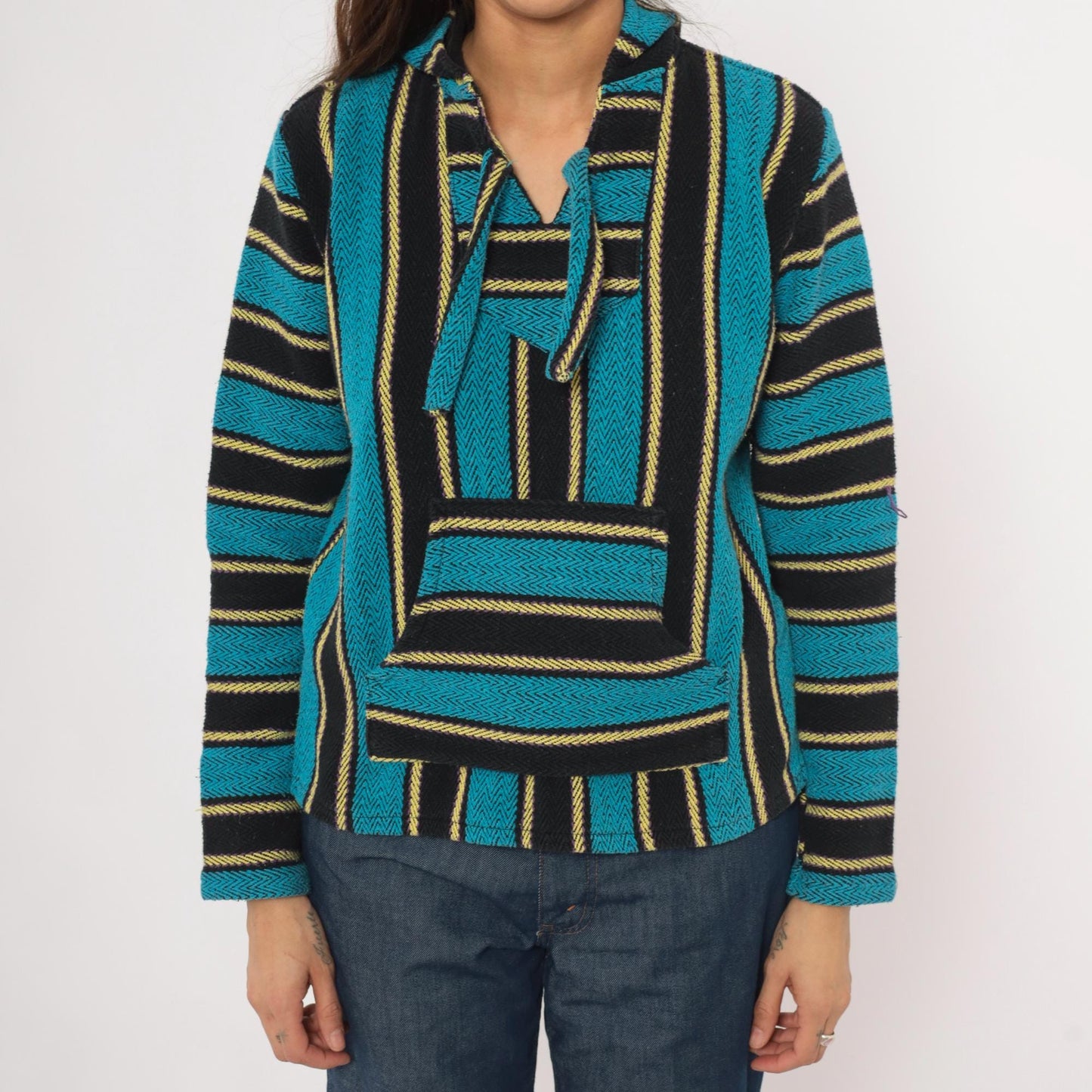 2000s Señor Lopez Baja Hoodie Teal Black Gold Striped Pullover Extra Small XS