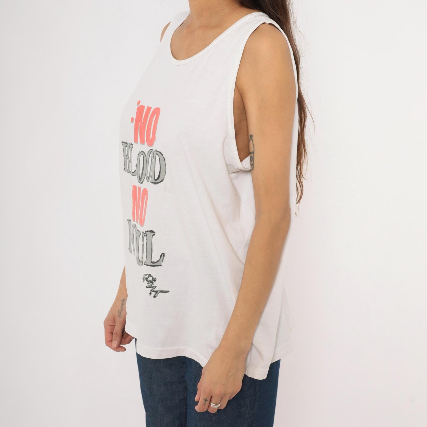 90s TNT No Blood No Foul Basketball Graphic Tank Top White Cotton Large L