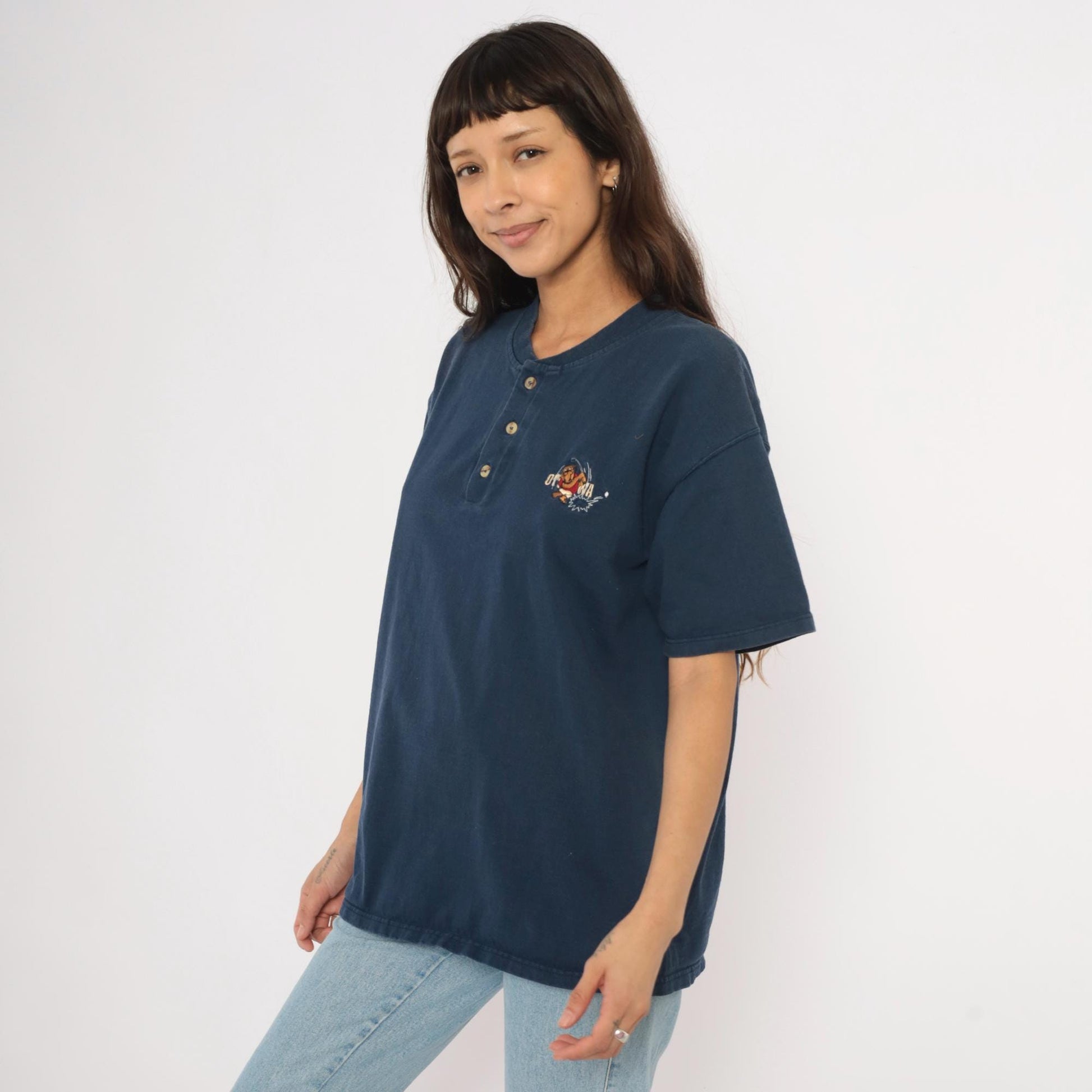90s Powersport by Oneita Navy Henley Embroidered Bulldog Golf Graphic Large L