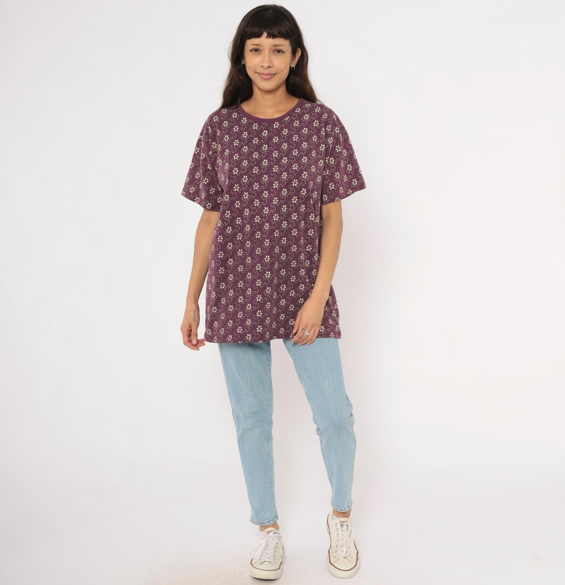 90s Kavio Designs Floral Tee Plum Ditsy Print Cotton Tunic Large L