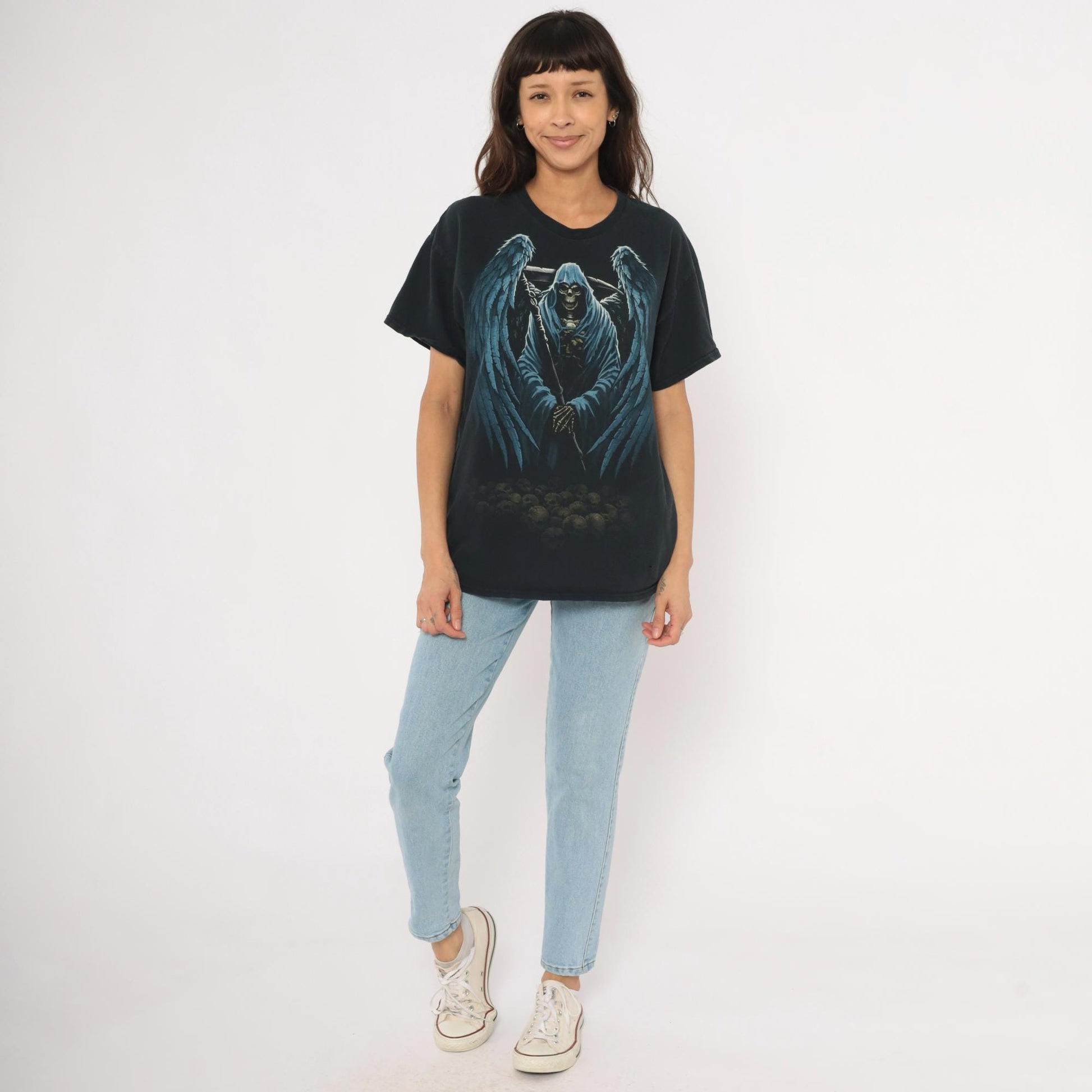 2000s Winged Grim Reaper Graphic Tee Black Cotton Gildan Large L