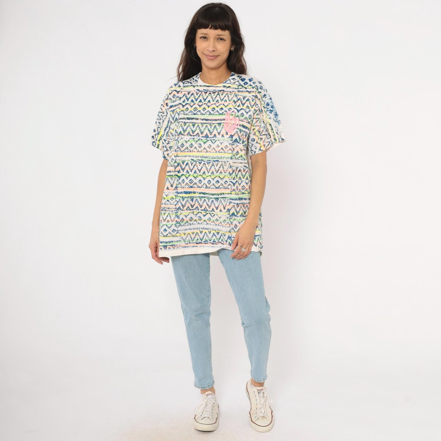 90s Sasson Tribal Print T-Shirt Neon Geometric White Navy Cotton Extra Large XL