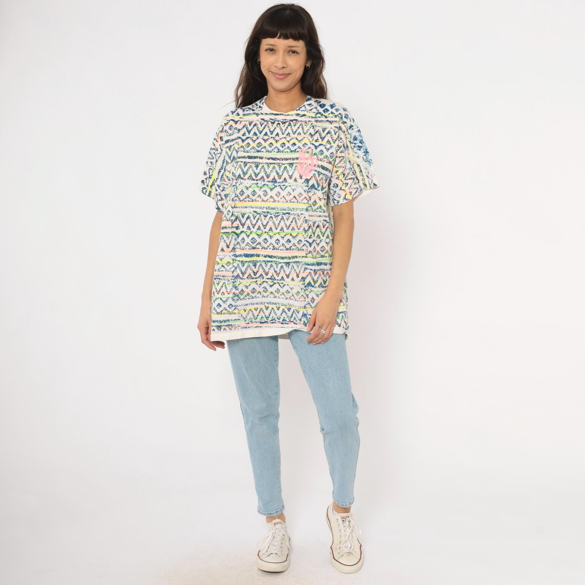 90s Sasson Tribal Print T-Shirt Neon Geometric White Navy Cotton Extra Large XL