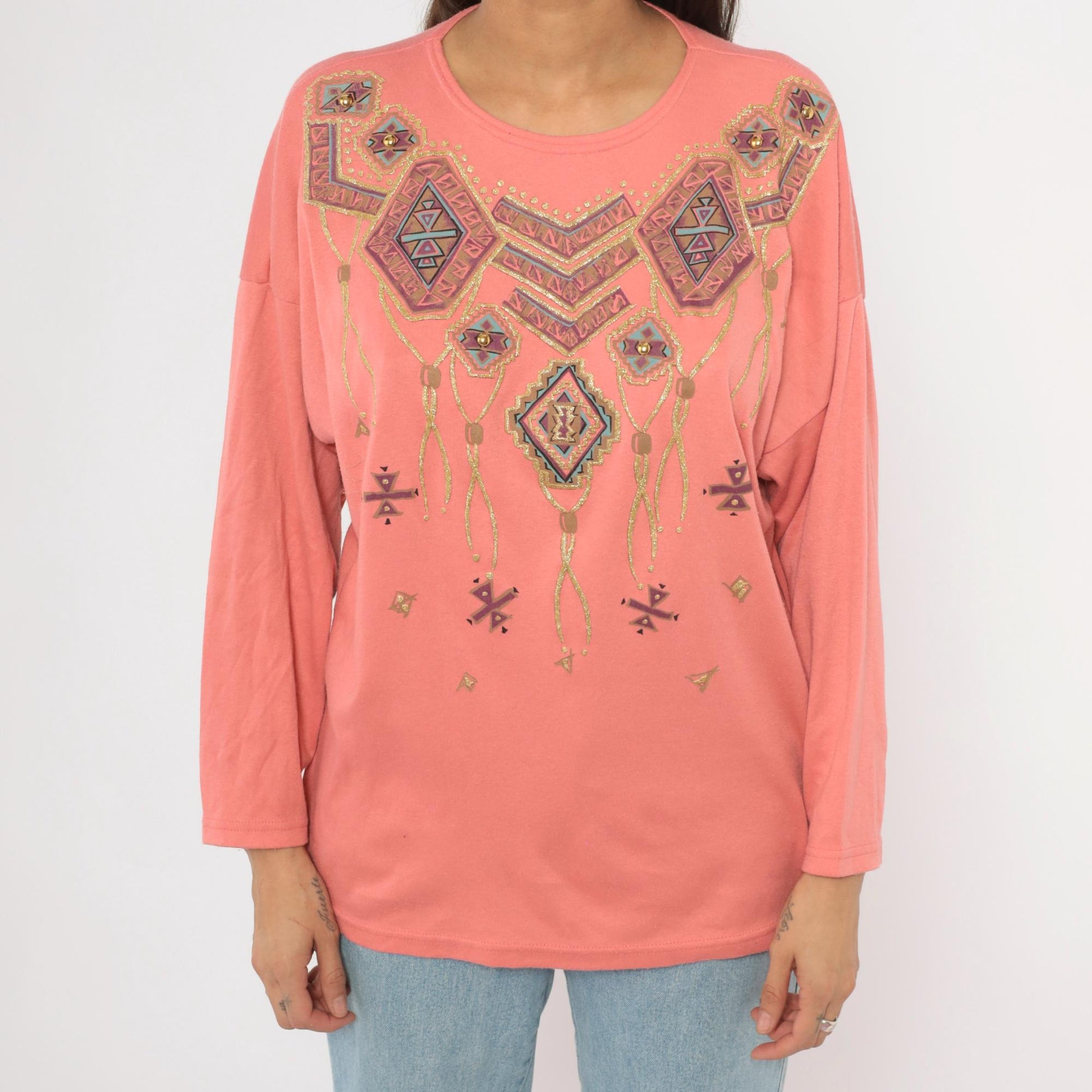 90s Sassy Sport Southwestern Crewneck Coral Pink Beaded Graphic Medium