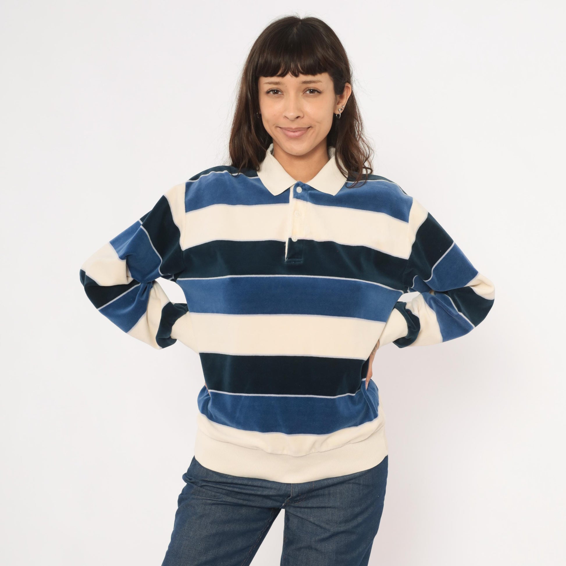 80s Damon Striped Velour Rugby Polo Cream Navy Collared Pullover Medium