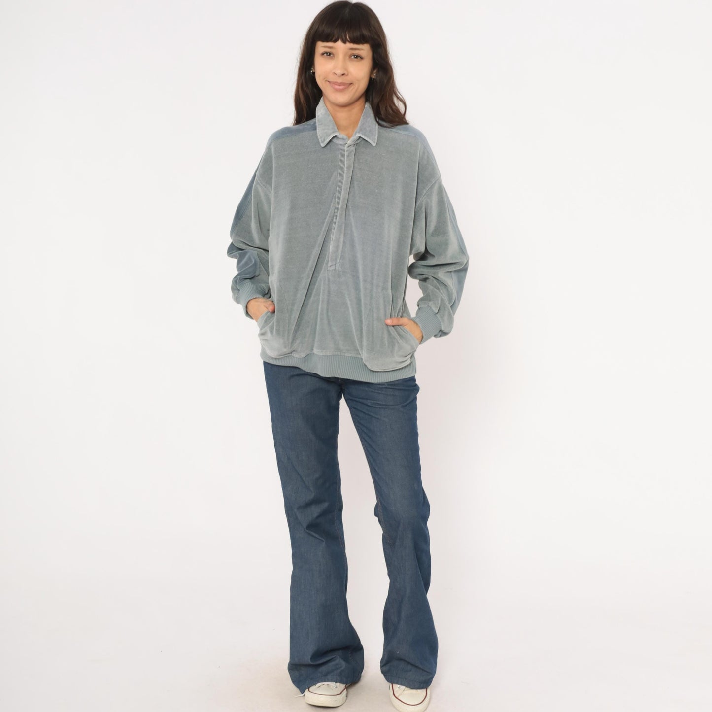 80s Damon Velour Polo Sweatshirt Grey-Blue Collared Pullover Medium M