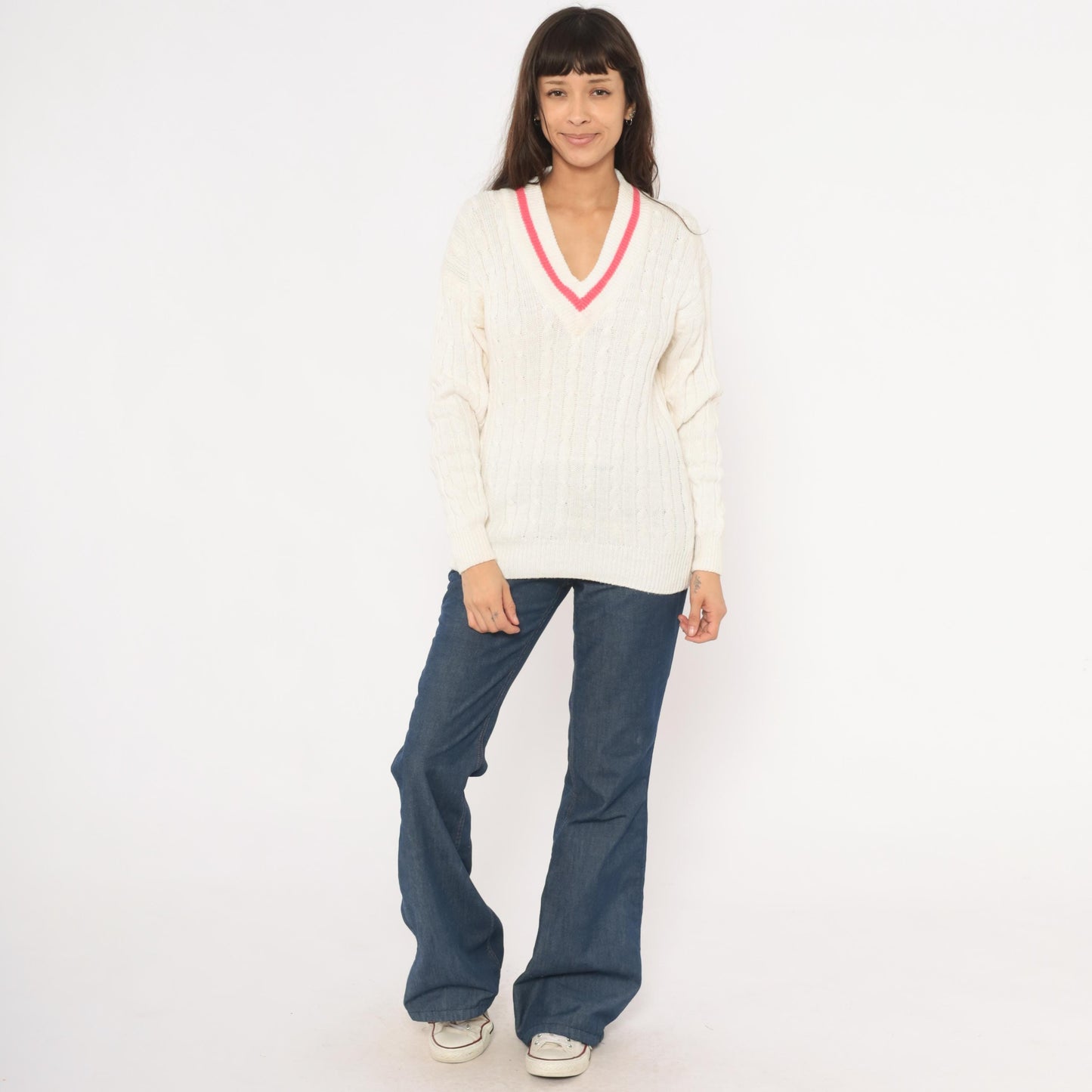 90s Boundary Waters Cable Knit V Neck Sweater Pink Stripe Ivory Small S