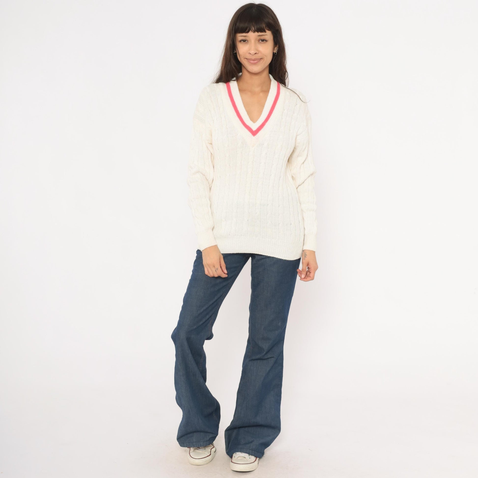 90s Boundary Waters Cable Knit V Neck Sweater Pink Stripe Ivory Small S