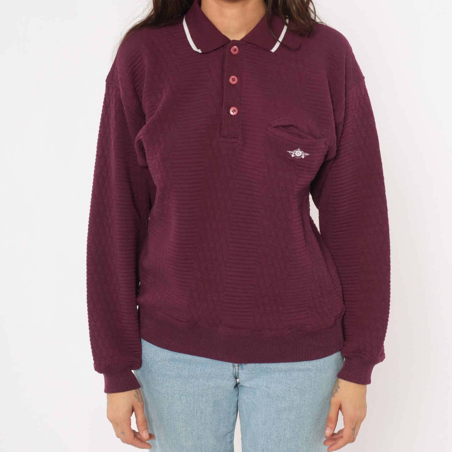 90s Green Line International Plum Polo Sweater Diamond Knit White Collar Medium M