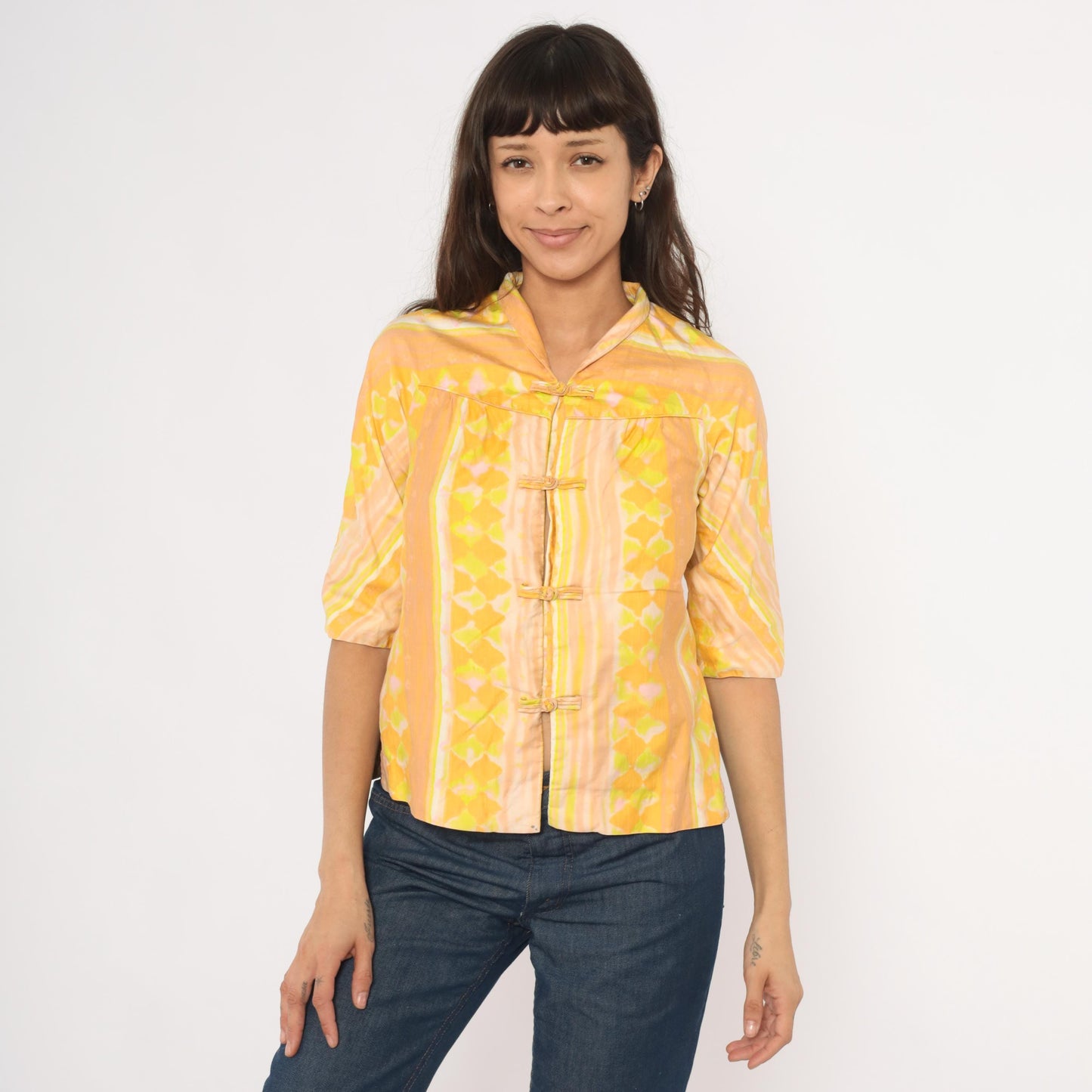 70s Frog Closure Blouse Yellow Geometric Print Mandarin Collar Three Quarter Sleeve Extra Small XS