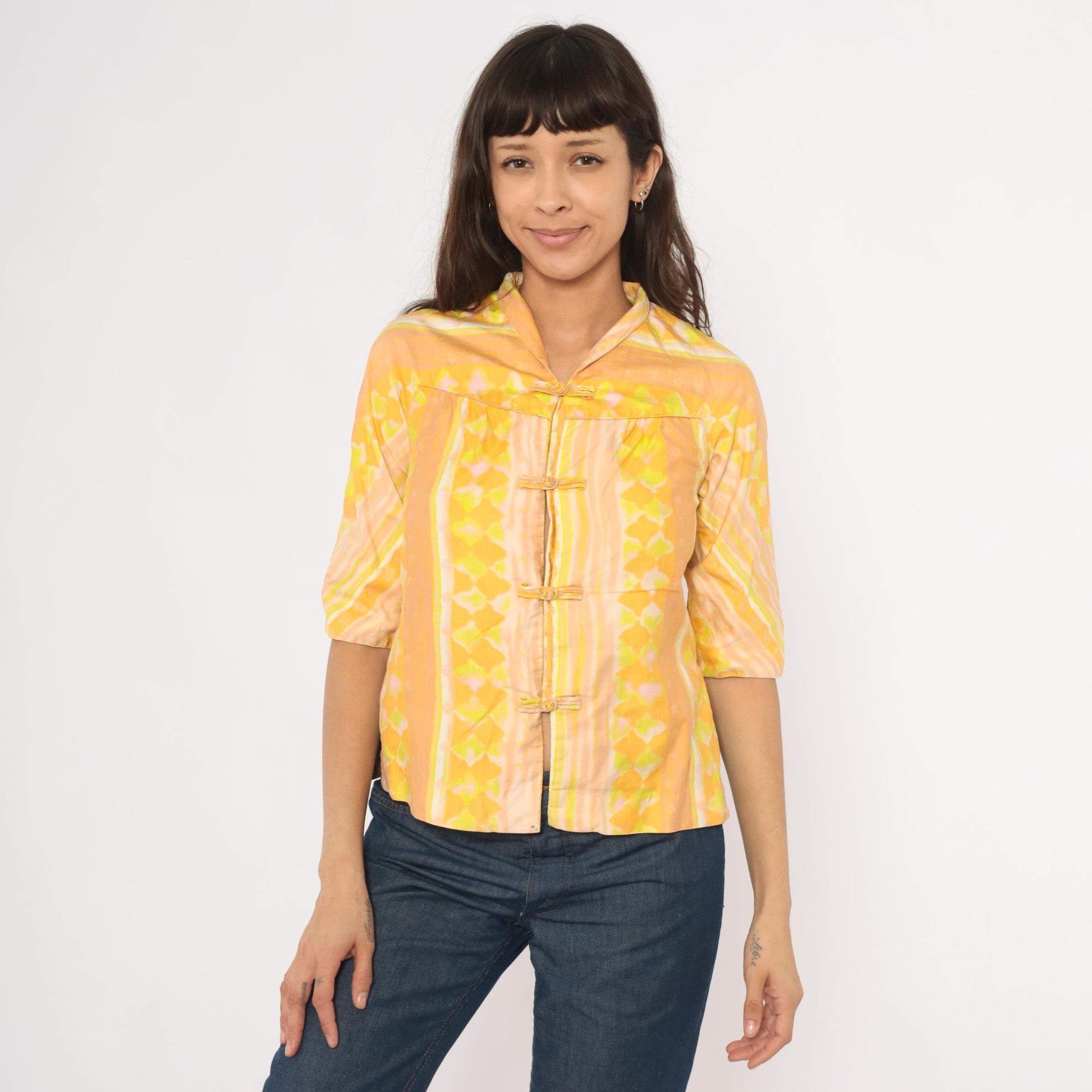 70s Frog Closure Blouse Yellow Geometric Print Mandarin Collar Three Quarter Sleeve Extra Small XS