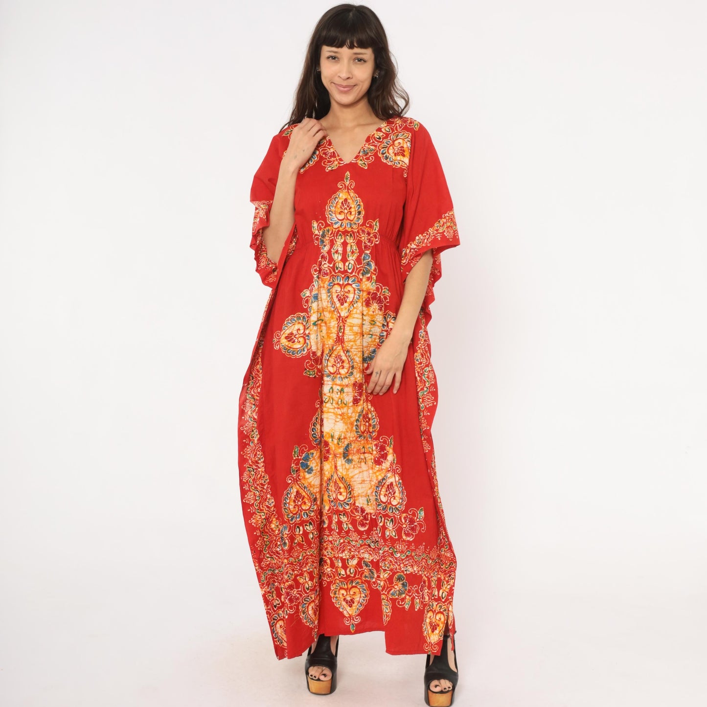 90s Red Paisley Batik Maxi Kaftan Empire Waist Flutter Sleeve Small Medium